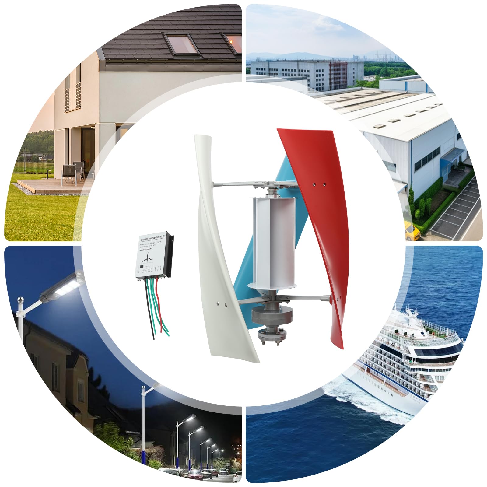 100W 45m/s Vertikale Windkraftanlage mit Hilfswindrad,IP67 Windturbinen Generator mit 2,5m/s Start-Windgeschwindigkeit,30dB 4 Flügel Wind Turbine Windgenerator für Camper & kleine Betriebe (12, Volt)