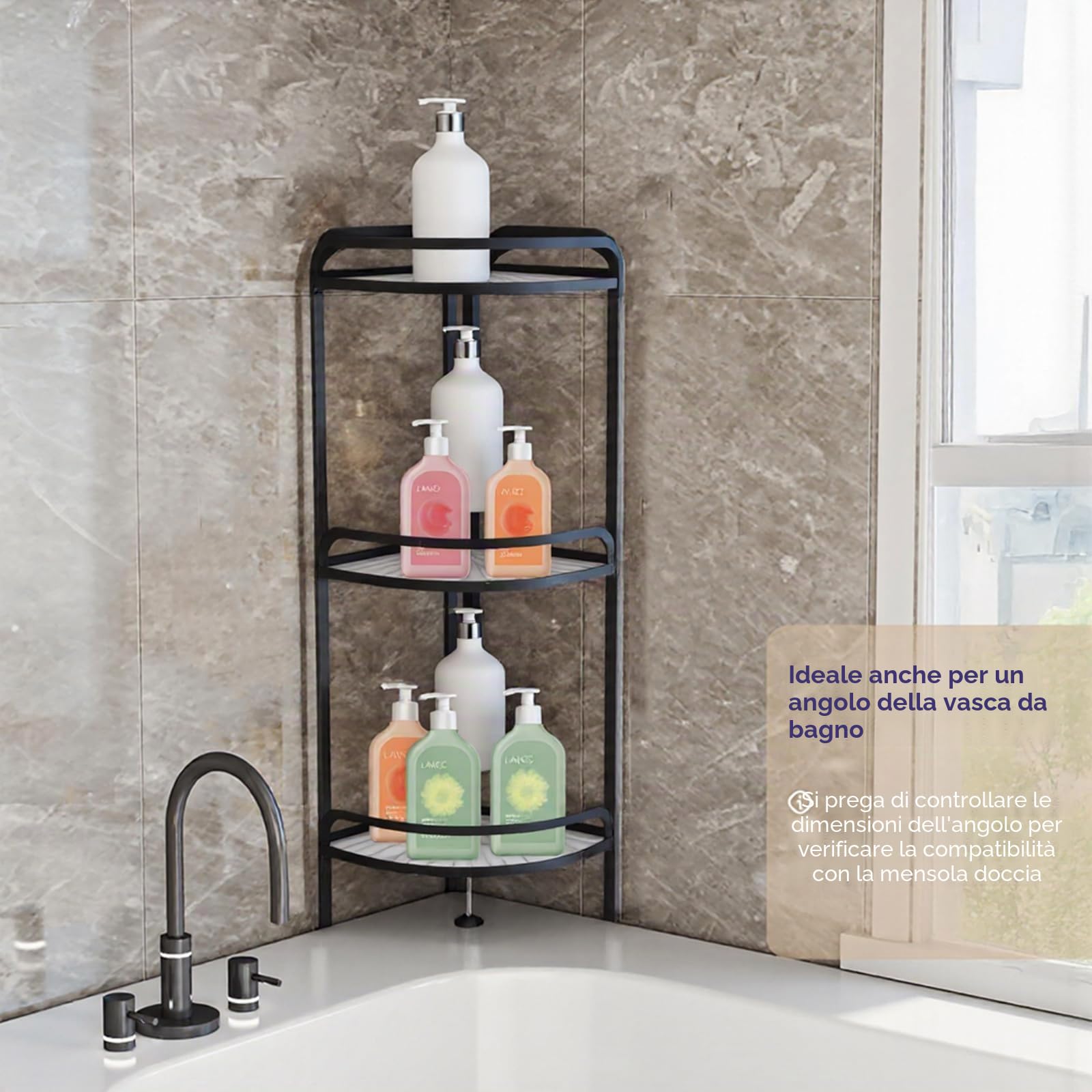 Scaffale da doccia a 3 livelli, in piedi senza foratura, può trasportare fino a 35 kg, materiale ispessito e durevole, per bagno e cucina (nero)