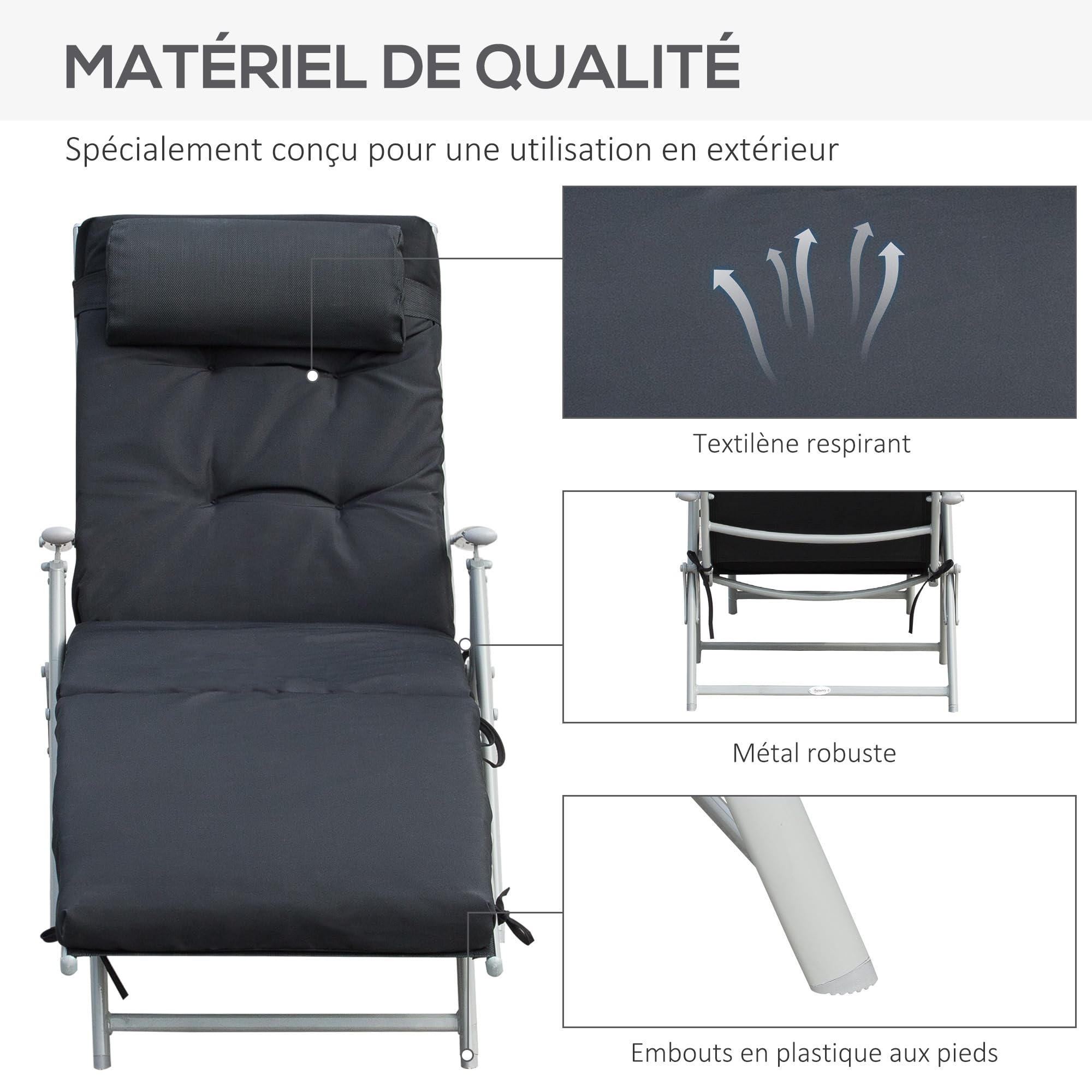 Outsunny Bain de Soleil Pliable Transat 7 Positions Charge 165 kg Noir | Inclinable, Chaise Longue, Dossier, Coussin, Appui-tête, Accoudoirs, Métal Époxy Textilène Polyester, pour Jardin, Piscine