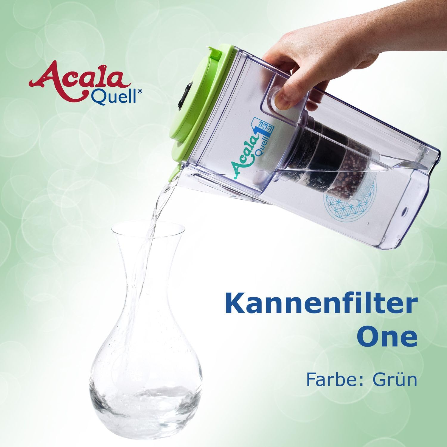 Filtro de agua AcalaQuell One | Jarra con filtro de agua | Verde Claro | La filtración más alto rendimiento | Cartucho de filtro de varias capas | PI- Tecnología | Crea delicioso sabor y agua sana