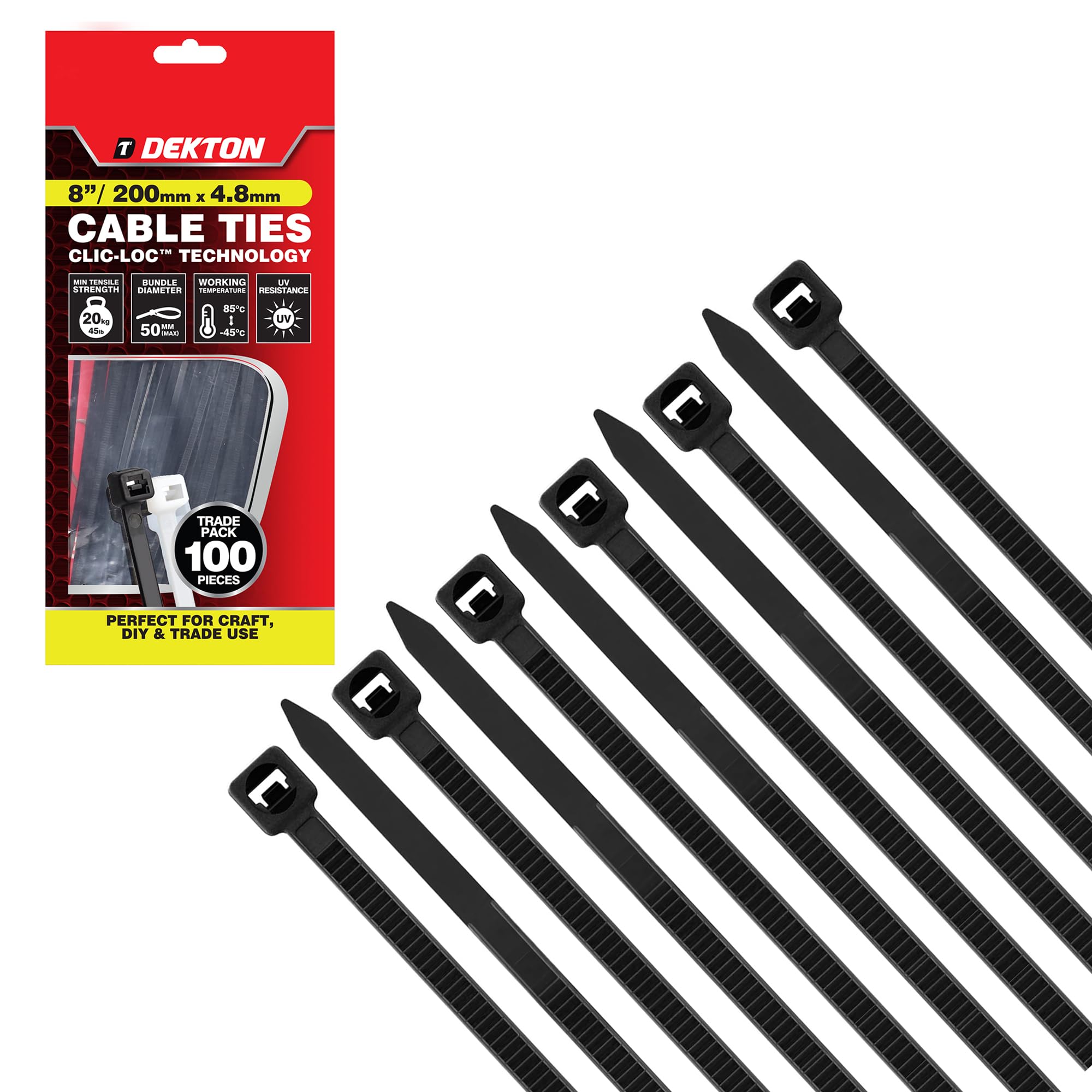 Dekton 100PC Cable Tie Set - 4.8MM X 200MM Black | Heavy Duty Industrial Strength | High Temperature Resistant | Self-Locking Teeth | Ideal for Cables, Piping, Gardening & Wires | Indoor & Outdoor Use