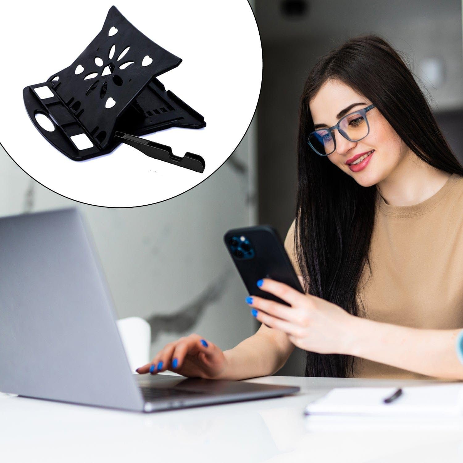 Radiant Soporte de mesa ajustable para laptop, patentado, ventilado, portátil, plegable, compatible con MacBook, portátil, tableta, bandeja de escritorio, libro de mesa con soporte para teléfono
