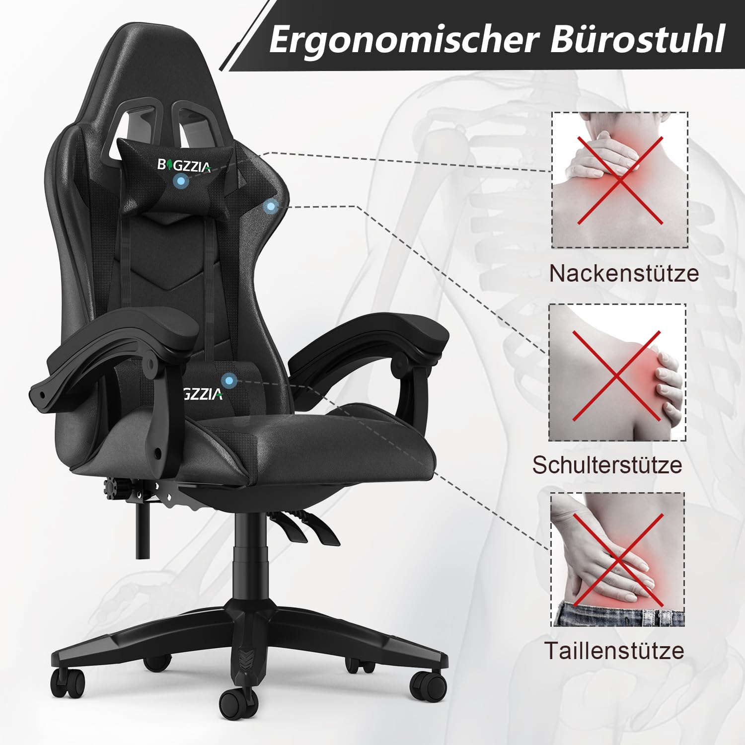 Racingreat Zockersessel mit Kopfstütze und Lendenwirbelstütze (Schwarz) | Ergonomischer Gaming Chair, PU-Leder, 90°–135° Neigungswinkel und Höhenverstellbar, Kinder Junge Erwachsene Büro Familien