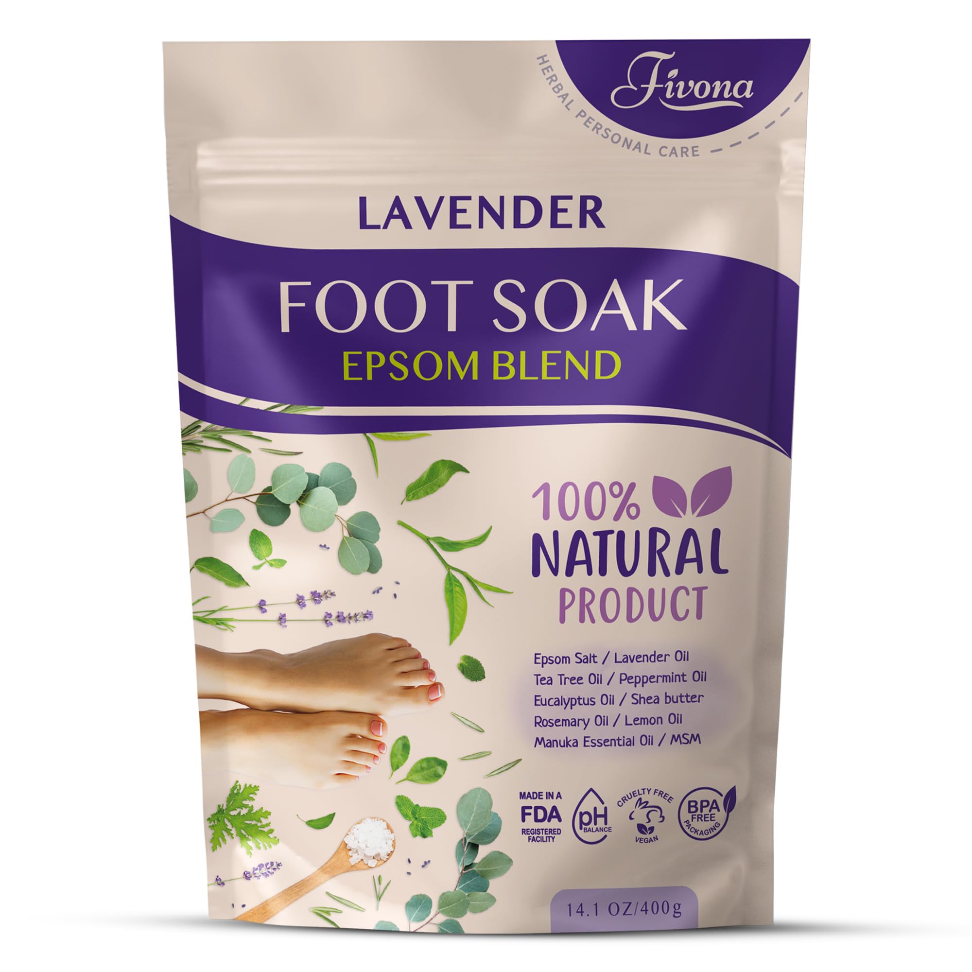 FIVONAFoot Soak Blend Epsom Salt with Lavender 14.1 oz - Calming Foot Bath Salt, Relax & Renew Tired Feet, Soothe Soreness, Soften Calluses - Rejuvenating Pedicure Spa at Home