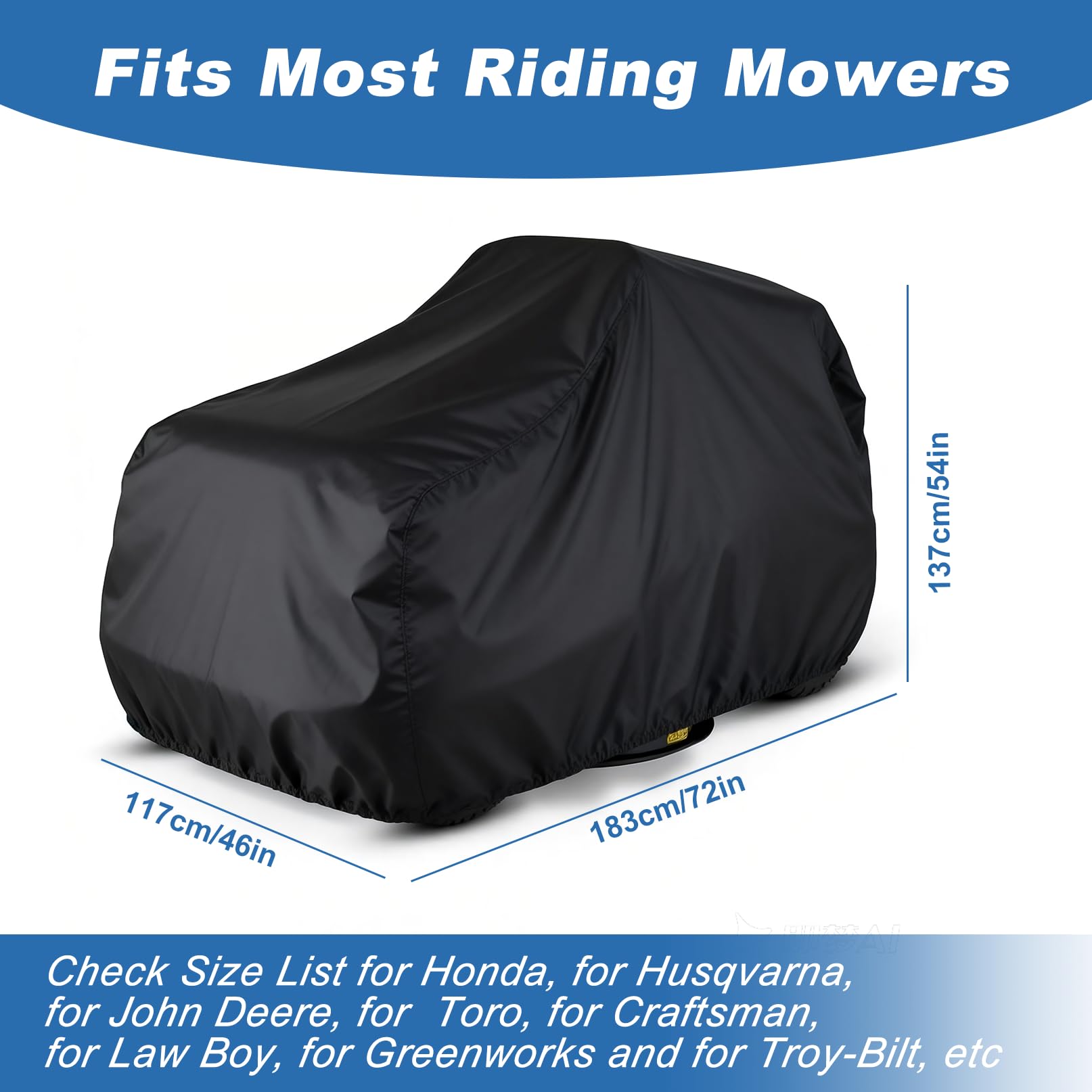 copertura per tosaerba per Toro, per Honda, per Husqvarna, per Law Boy 420D in poliestere Oxford con nastro riflettente e fibbia antivento (L183 x P137 x H117CM)