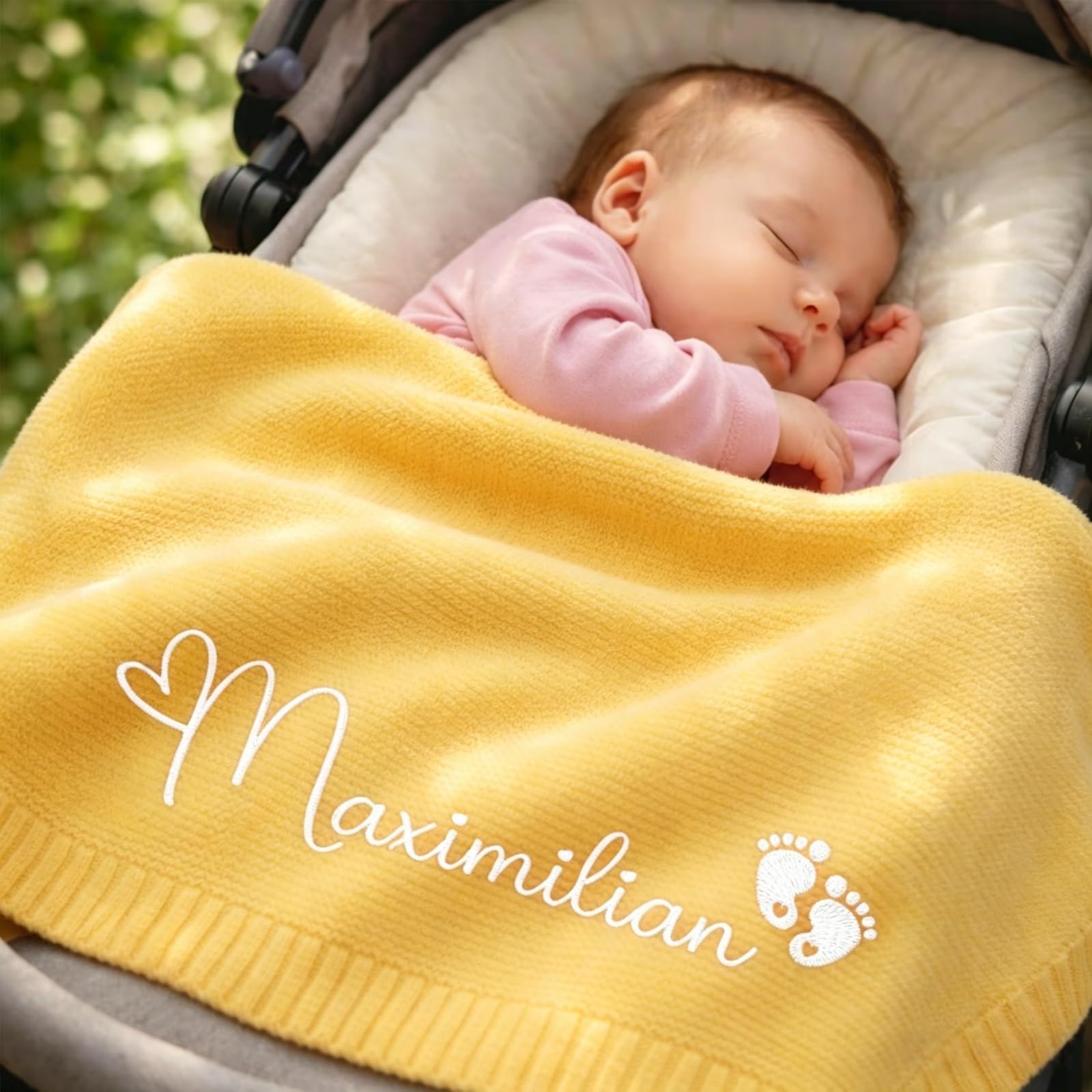 ZZTINGC Personalized Baby Blanket with Name and Icon, Cotton Knitted Blanket for Newborn, Custom Embroidered Gift for Toddler Stroller, Baby Shower(Yellow)
