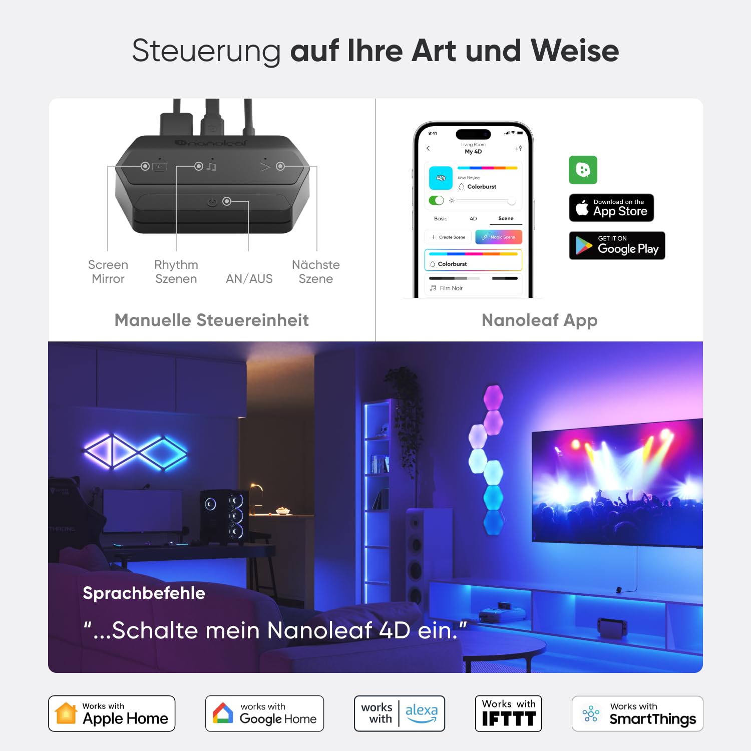Nanoleaf 4D Screen Mirror + Lightstrip Kit für Fernseher/TV/Bildschirme bis zu 85 Zoll (215 cm) - Smart RGBW LED Strip + Kamera, Thread & WLAN, Funktioniert mit Alexa Google Apple