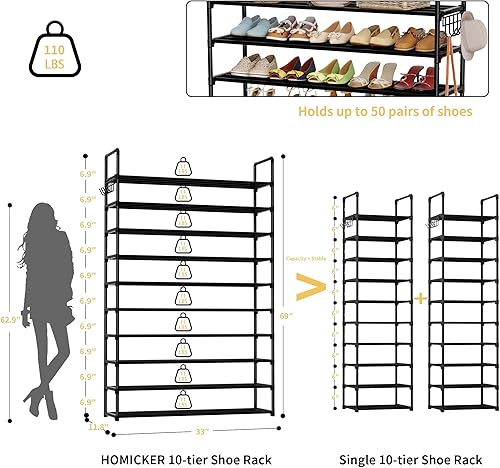 Miniatura 3 de Zapatero de 10 niveles, organizador de zapatos grande con ganchos, se adapta a 40-50 pares de zapatos, estante alto de metal para zapatos, para