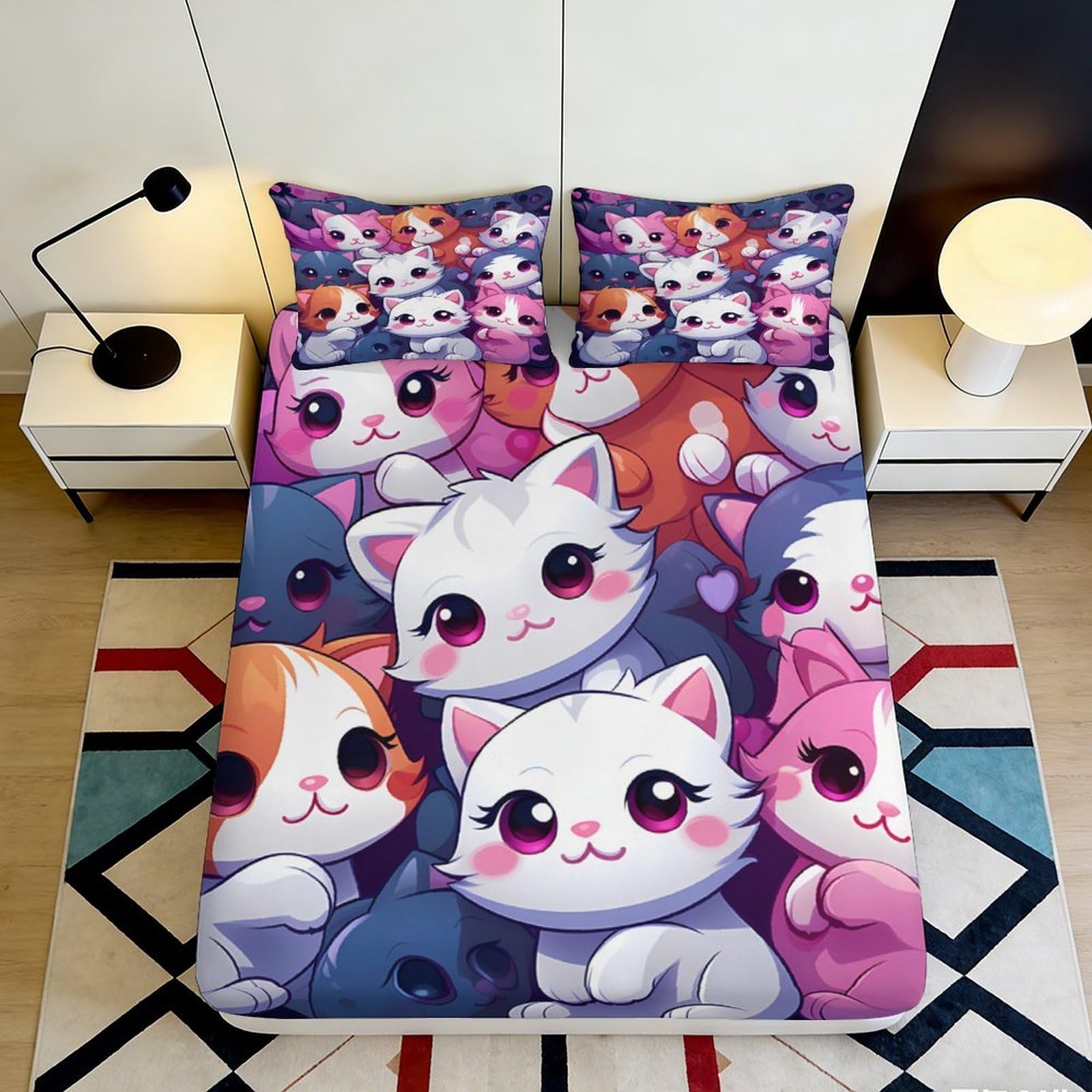 Uxinyoume Style-3 3D Printed Cute Cartoon Cat Fitted Sheet Microfiber Soft Bedroom Decor Colorful Kitten Mattress Cover For Home Dorm Room 90X200x25cm