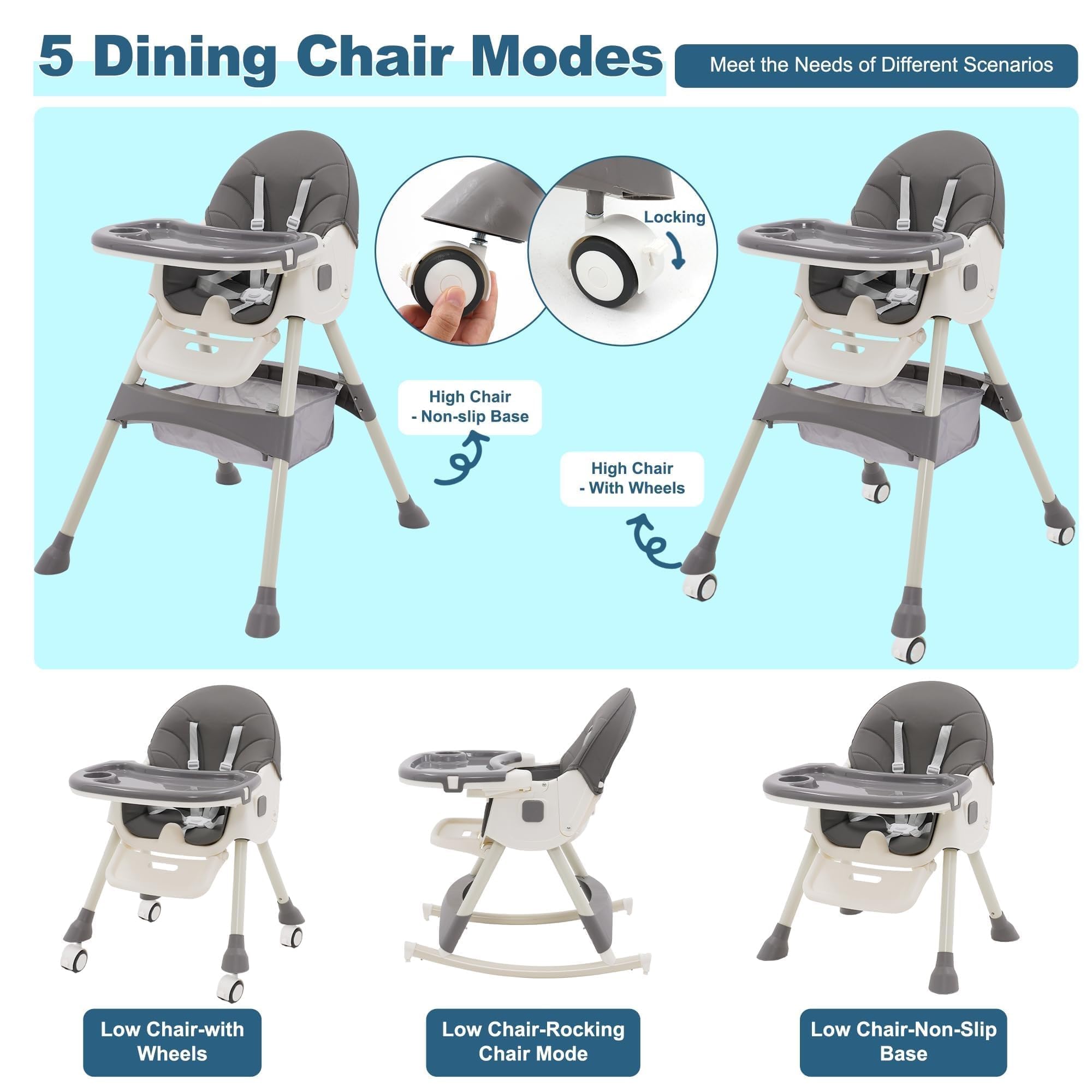 Trona Bebé 3 en 1 Plegable - 3 Posiciones Reclinable Con Ruedas, Doble Bandeja Extraíble, Asiento Reposapiés, Altura Regulable - Para Bebés 6+ Meses, Gris