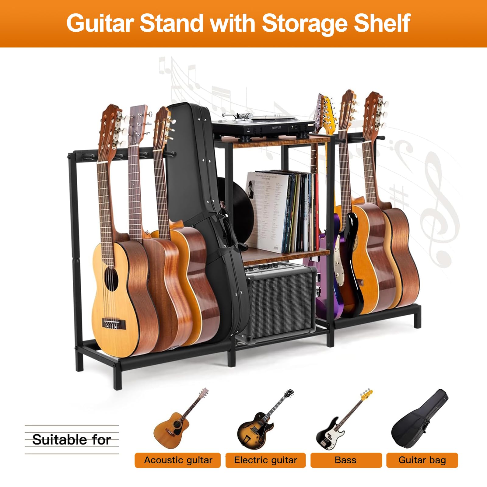 Nisorpa Gitarrenständer mit Ablagefach, Holz, Multi-Gitarrenständer für Akustik-Bass, E-Gitarre, 28 x 128 x 73 cm, Schwarz und Kaffeebraun