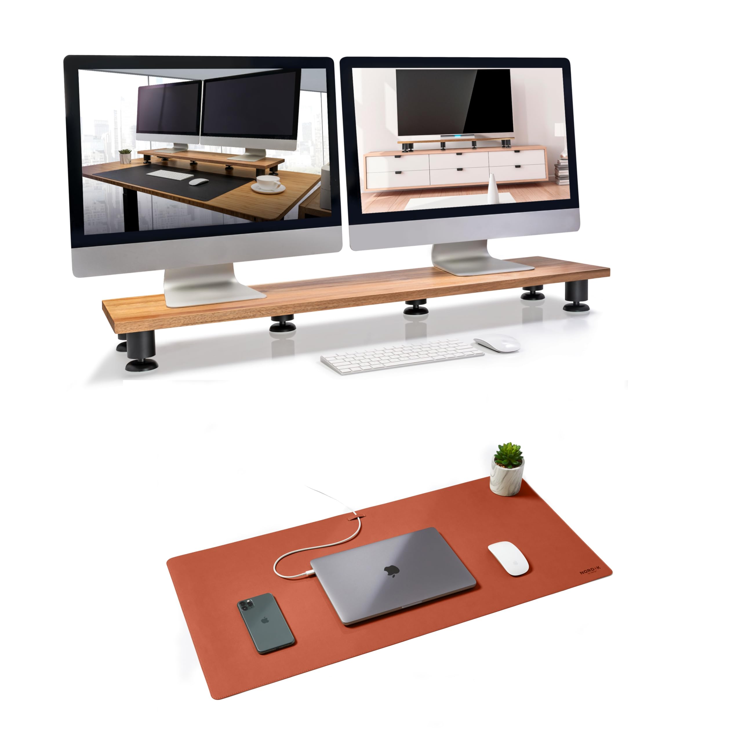 Dual Monitor Riser and Cork Brown Leather Desk Mat Bundle - Premium Handmade Hardwood Acacia - Large Leather Desk Pad Protector Blotter
