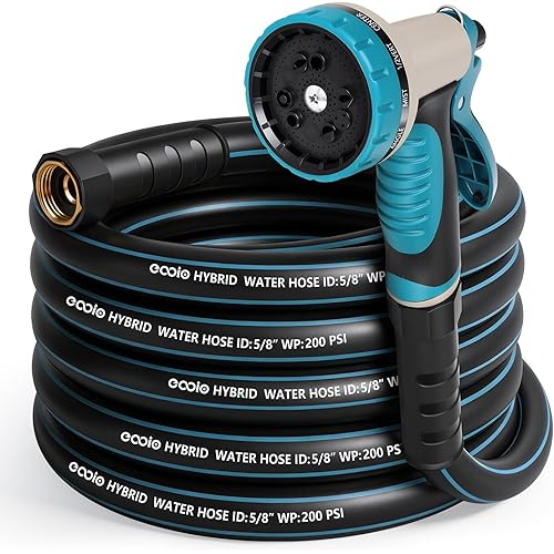Garden Hose 25 ft x 5/8" with Nozzle, Water Hose Heavy Duty Flexible, Lightweight Kink-less Hybrid Hose with Swivel Handle, Male to Female Fittings