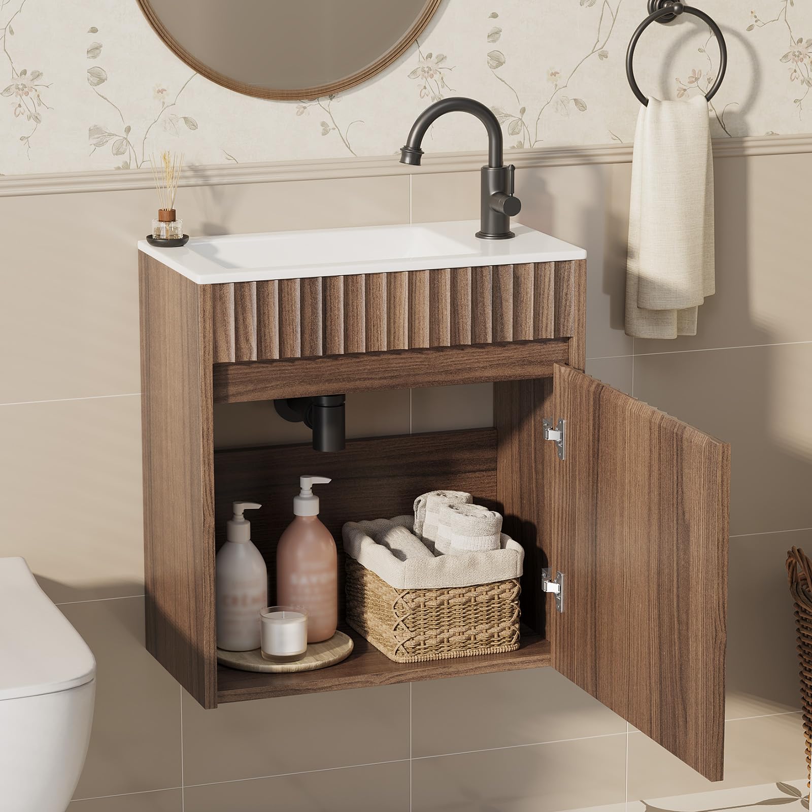 Bonnlo Meuble Salle de Bain Mural avec Vasque en Céramique, Meuble de Rangement Complet Suspendu avec Lavabo en Couleur Noyer, Petit Meuble pour WC, 46 x 26 x 51 cm