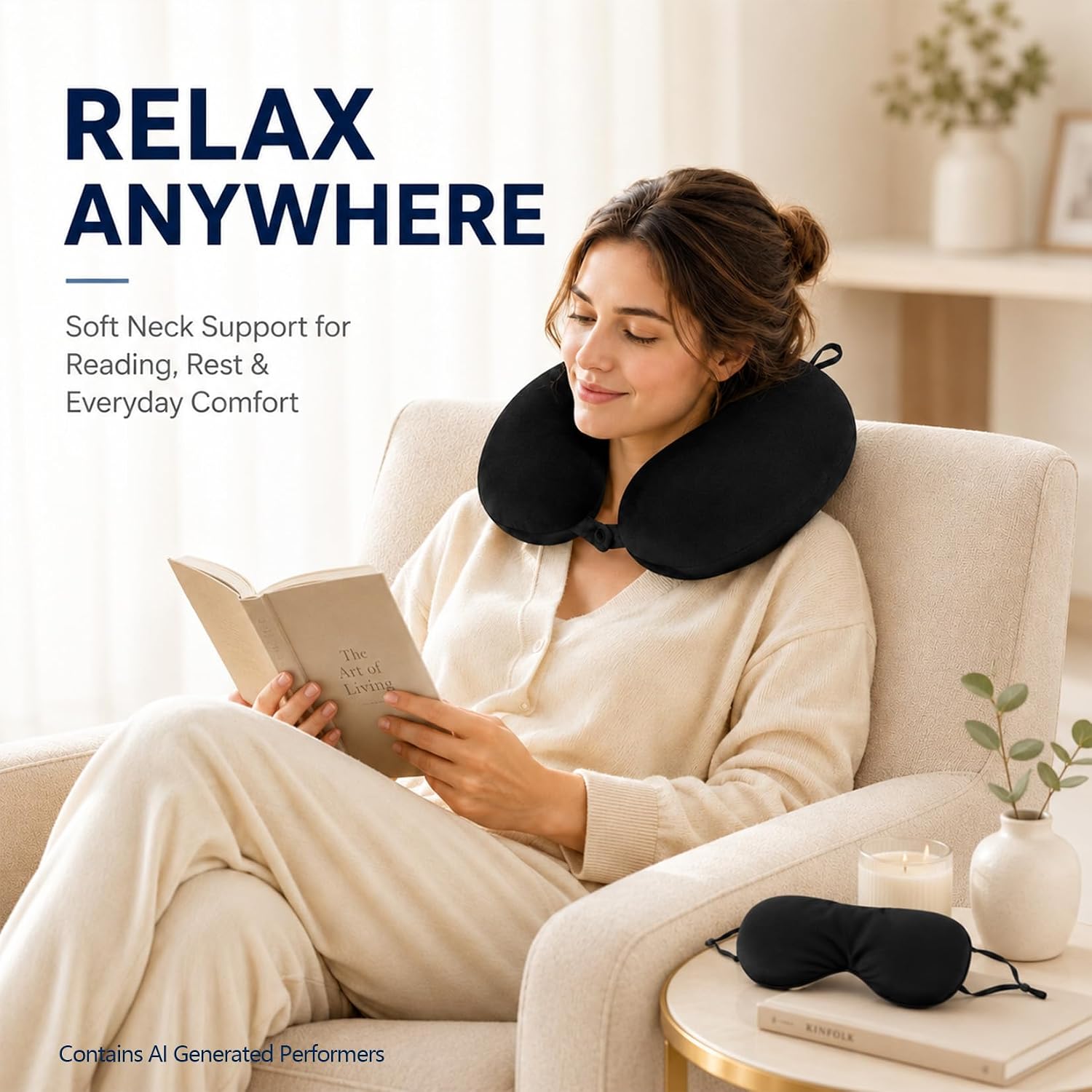 RAINFLOW Travel Neck Pillow Set - Black Memory Foam Cushion with Eye Mask
