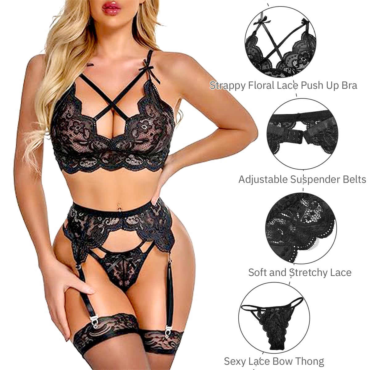 Feng Shui Damski koronkowy komplet bielizny z podwiązką 3 sztuki z pasem do pończoch Koronkowy biustonosz i majtki Zestaw szelek z wysokim stanem Babydoll, seksowny komplet bielizny Koszula nocna z