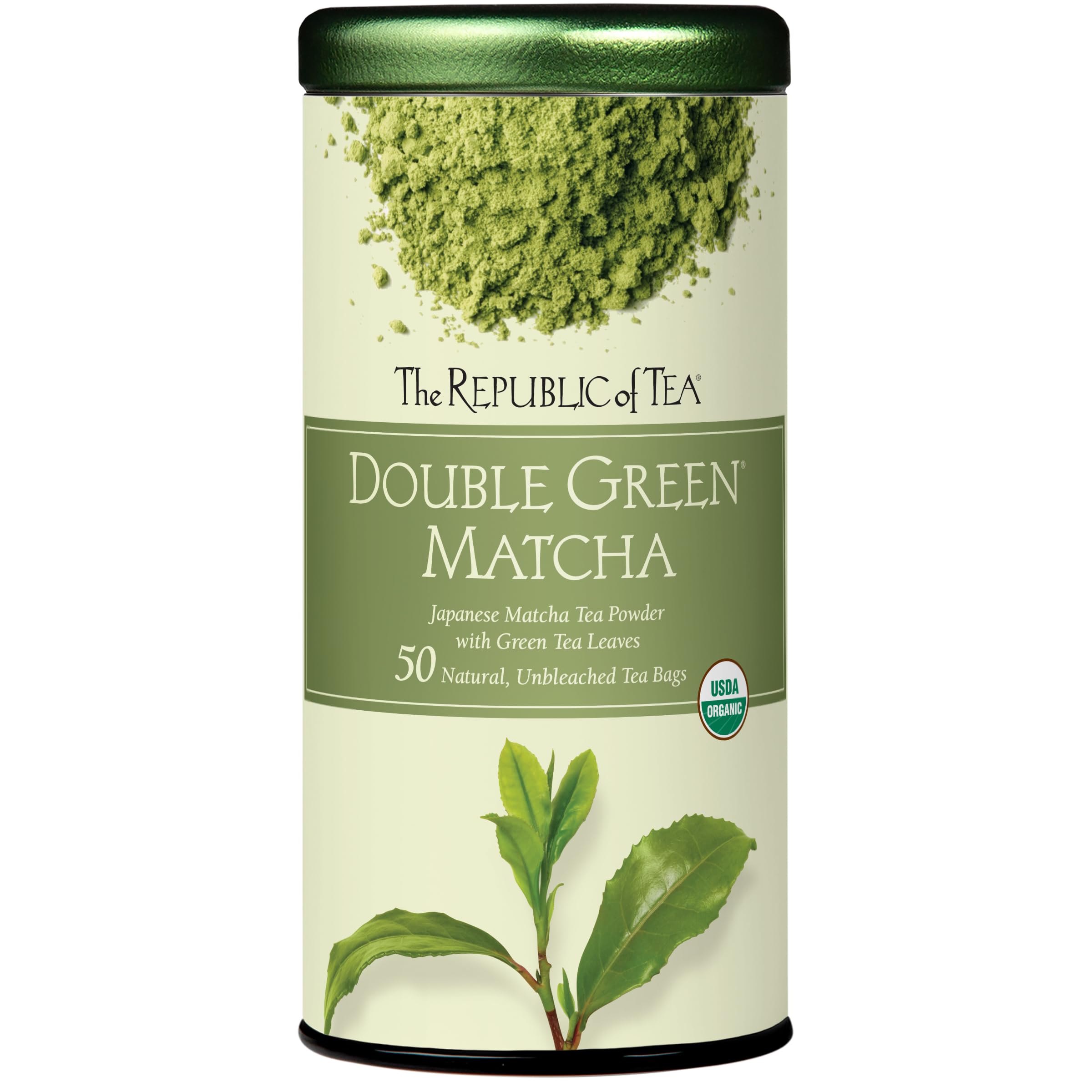 The Republic of Tea Organic Double Green Matcha, 50 Count | Naturally Caffeinated. Made for morning or afternoon sipping. Vegetal with a smooth finish. USDA Organic and Gluten Free.