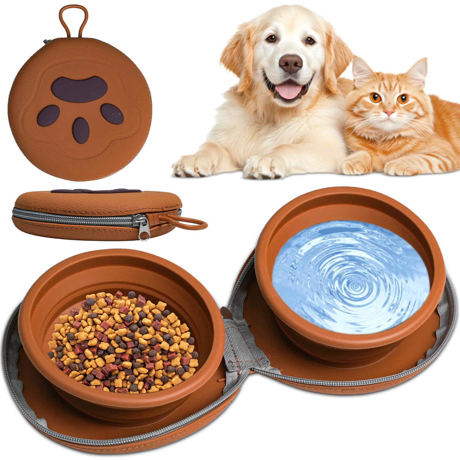 Mugtide 2 Pack Collapsible Dog Bowls, Pet Silicone Travel Bowls, Portable Dog Travel Bowls, Collapsible Water Bowls for Cats and Dogs, Ideal for Camping and Hiking, 450ML (Brown)