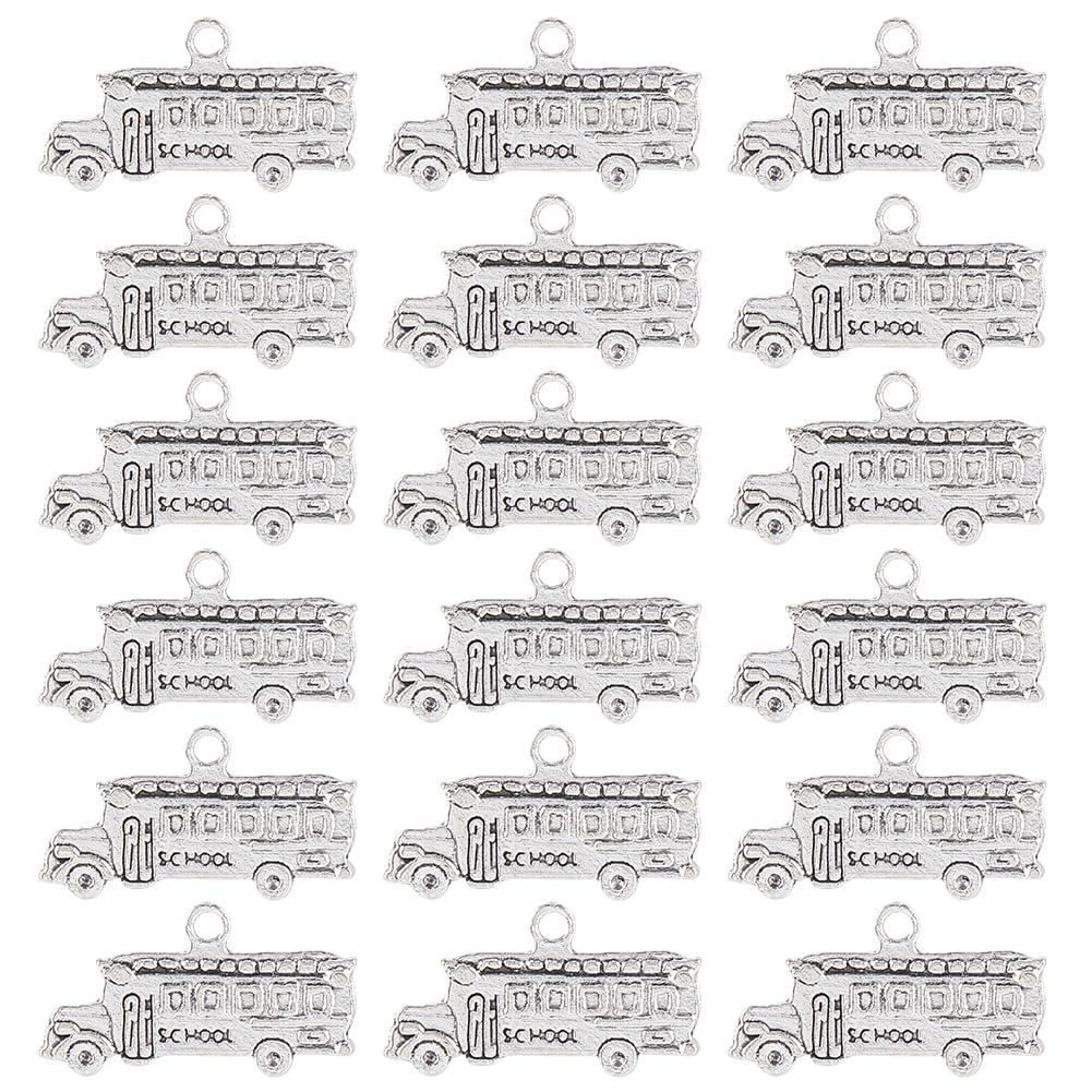 SUNNYCLUE 1 Box 50Pcs School Bus Charms Bulk Teacher Charms Silver Alloy Antique Metal Back to Schools Vehicle Hanging Pendants for Jewelry Making