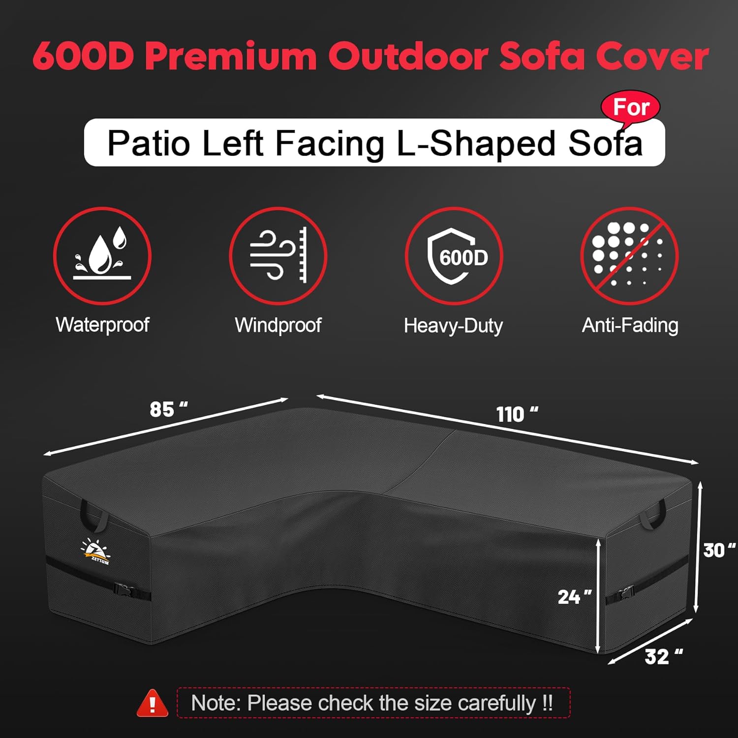 Zettum Outdoor L-Shaped Sectional Cover - 600D Patio Sectional Sofa Cover, Waterproof Patio Furniture Covers for 6-Seater Outdoor Sectional Sofa and Couch, Left Facing, 85x110 Inch Wide - Image 2