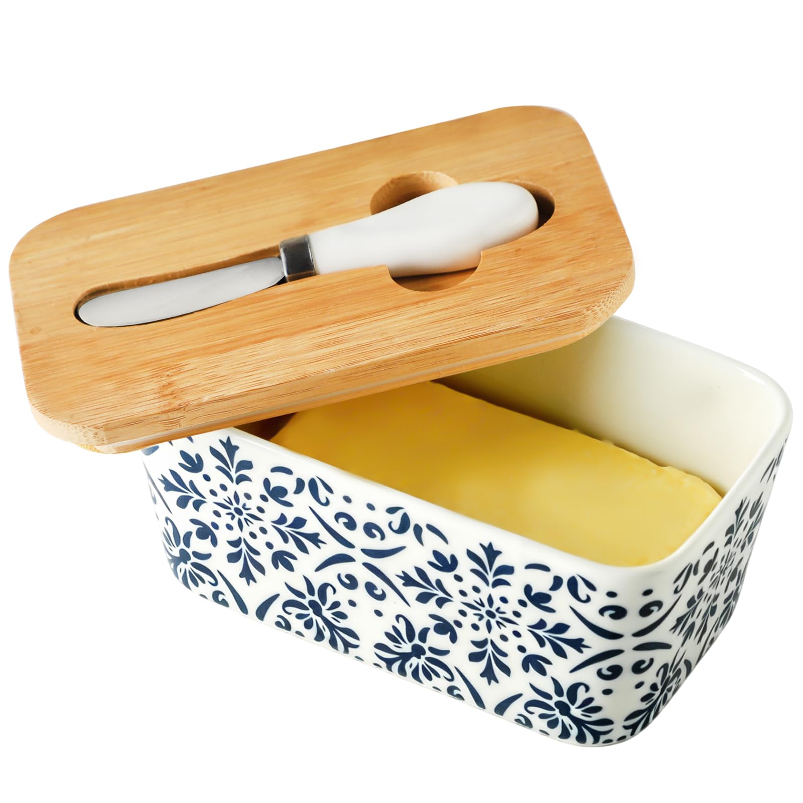Ceramic Butter Dish with Lid and Knife for Countertop, Floral Blossom