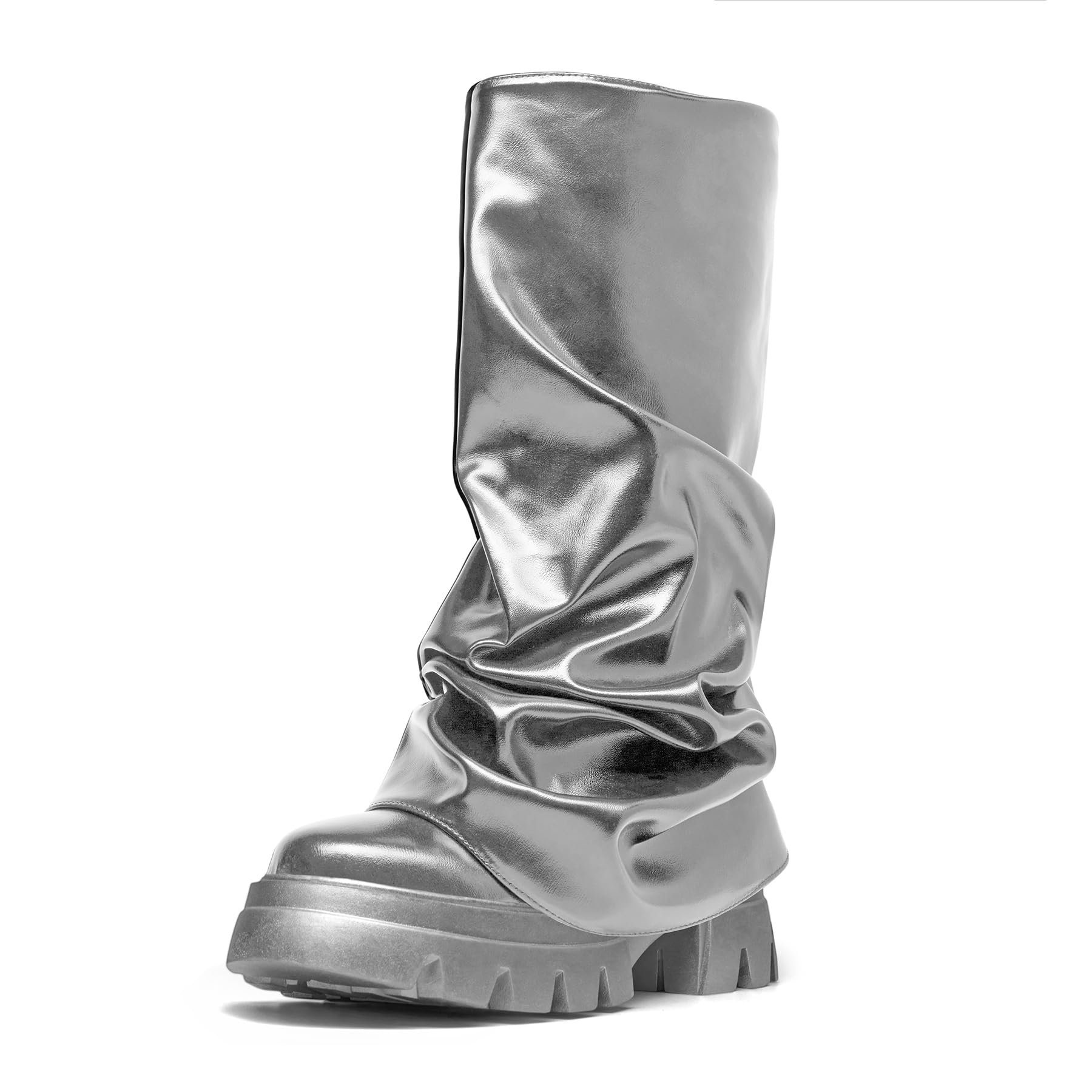 driceic Women's Platform Round Toe Fold Over Mid Calf Boots Chunky Heel Pull-On Fashion Shark Booties for Ladies Party Shoes