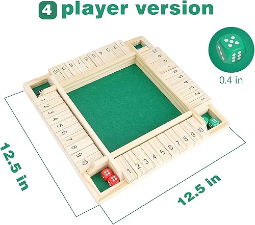 Miniatura 2 de Juego de dados “Shut the Box” (cierra la caja) para 4 jugadores con 10 números, tablero en madera de 4 lados para juego de mesa tradicional, para