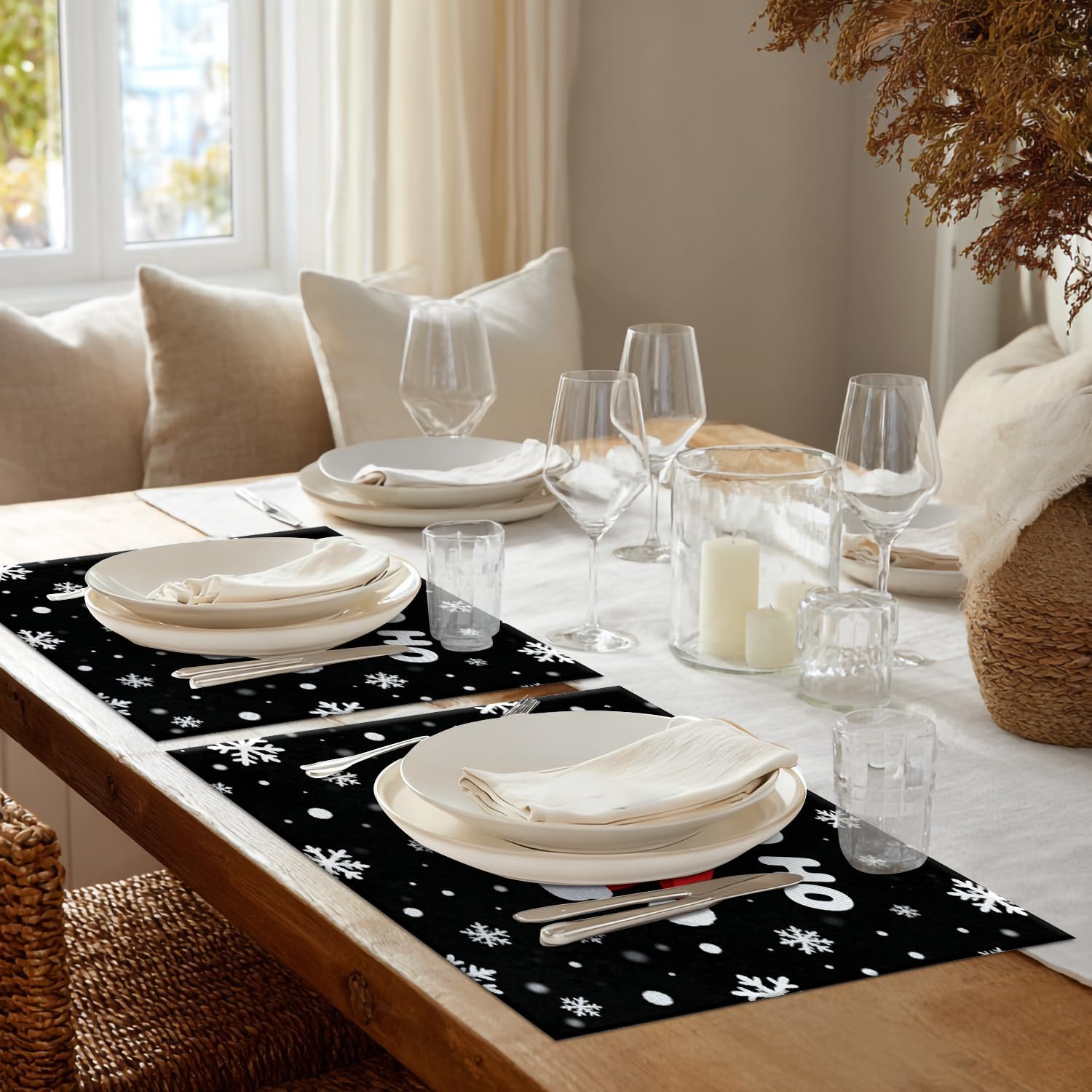 Shrahala Black Christmas Santa Hat Placemats, White Table Mat Linen Burlap Washable Double-Deck Heat Insulation for Dining Table Kitchen Table Set of 4 (12 x 18 inch)