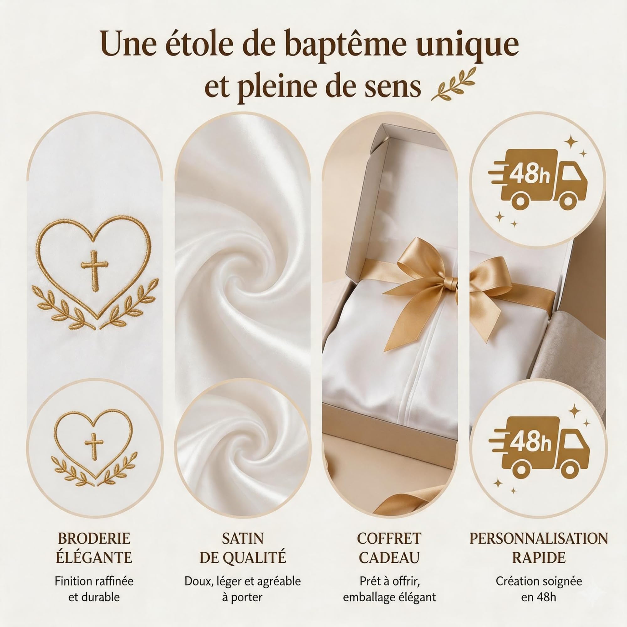 Étole de Baptême Personnalisée 15x120cm | Écharpe Blanche Satinée Brodée Prénom Date | Motifs Religieux au Choix | Coffret Cadeau Bébé Enfant