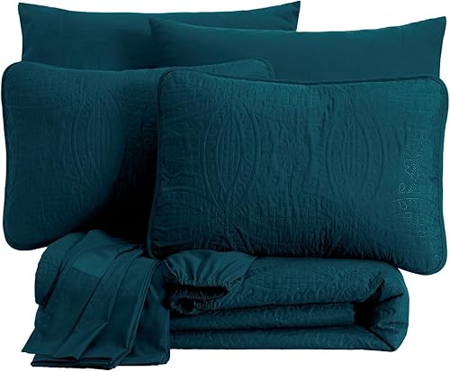 Miniatura 9 de Chezmoi Collection Liam - Juego de edredón de 7 piezas con patrón de monedas, color verde azulado con edredón, sábanas, fundas de almohada y fundas