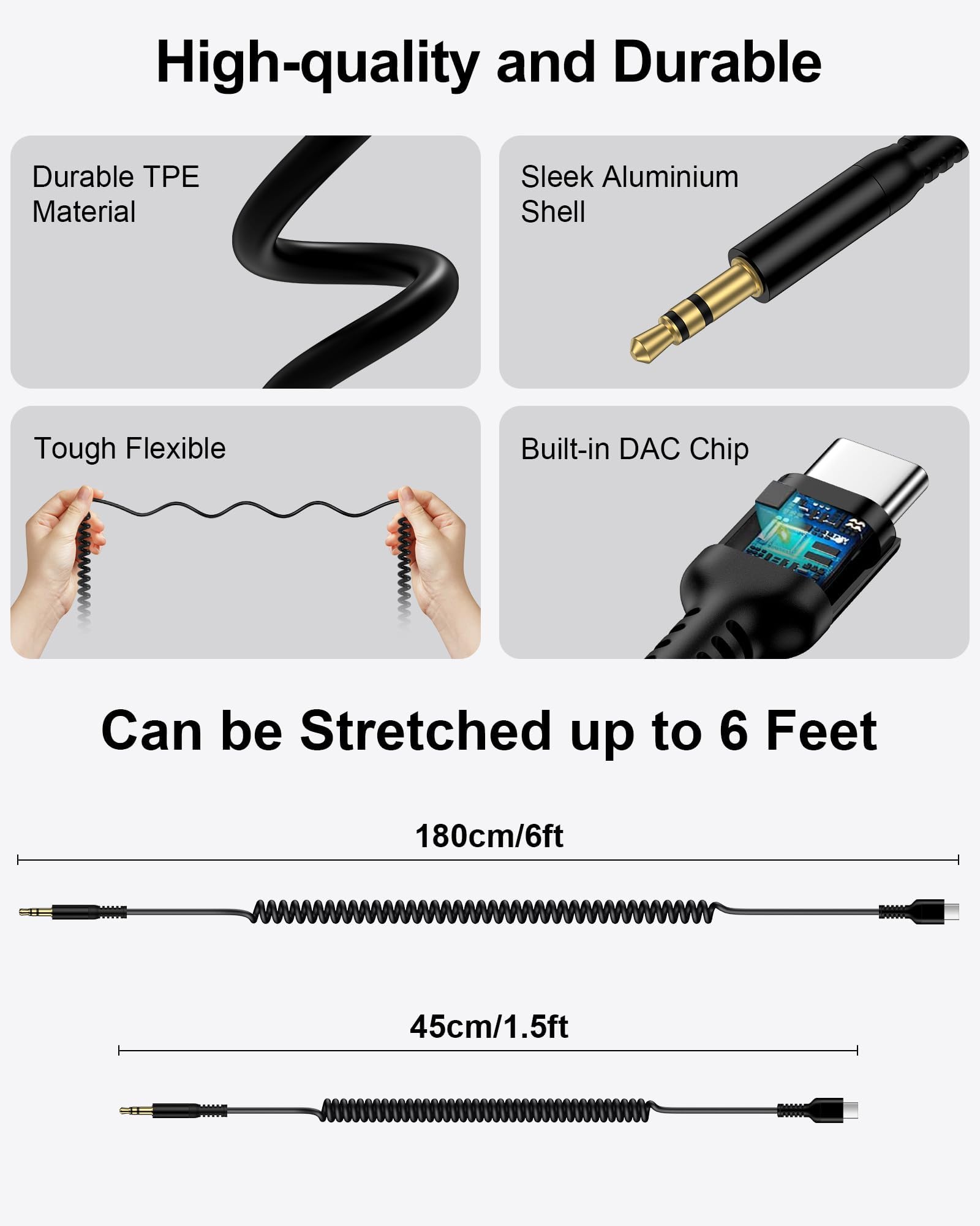 Coiled USB C to 3.5mm Audio Cable, Auxiliary to USB C for iPhone 17/16/15 Pro Max,17e, Retractable 6FT Hi-Fi Type C Aux Cord for Galaxy S26/S25 Ultra, Pixel 10/9, Aux Cable for Car,Headphones,Speakers — view 6