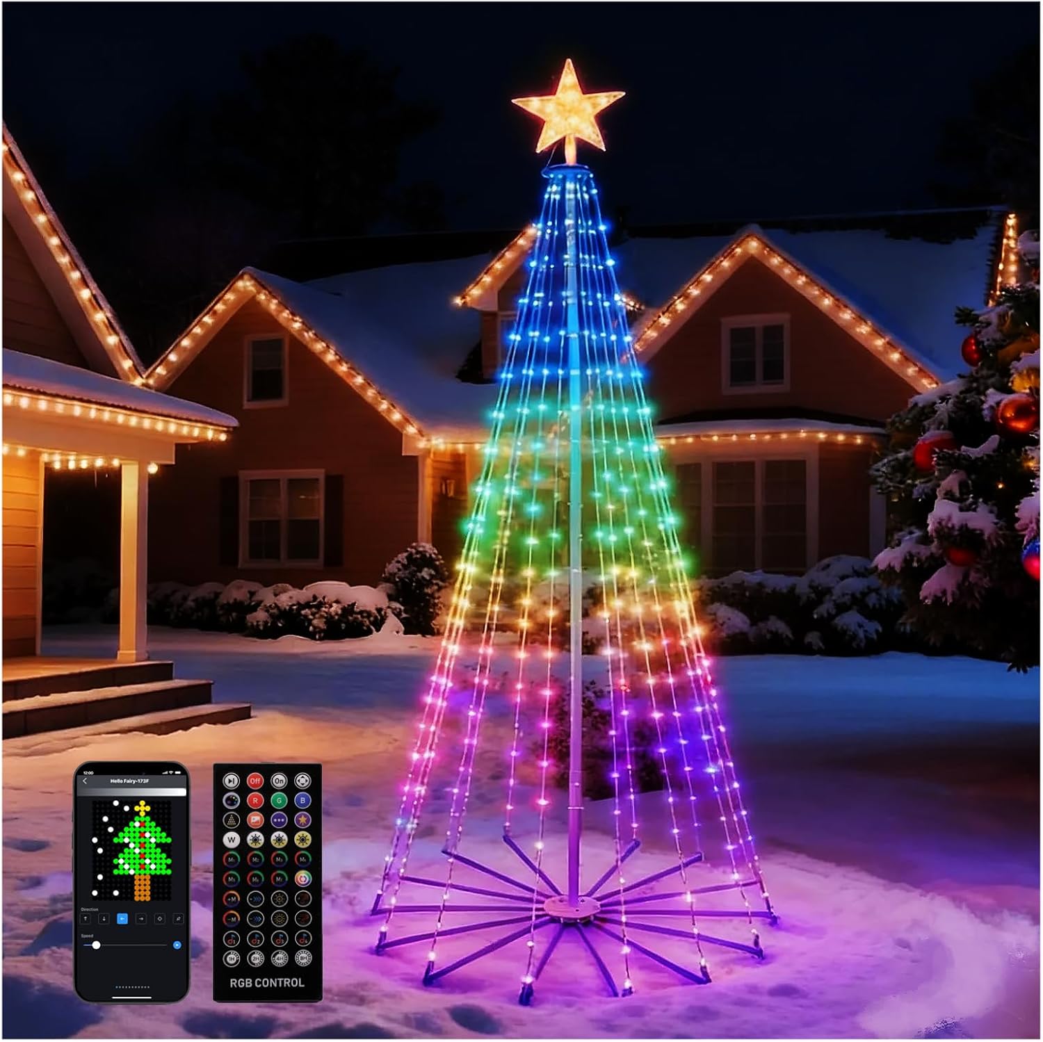 Smart Christmas Cone Tree Lights,8FT 340 LED Music Sync with Remote APP and Local Contorl,Color Changing Christmas Tree with led Lights Show for Indoor Outdoor Decorations