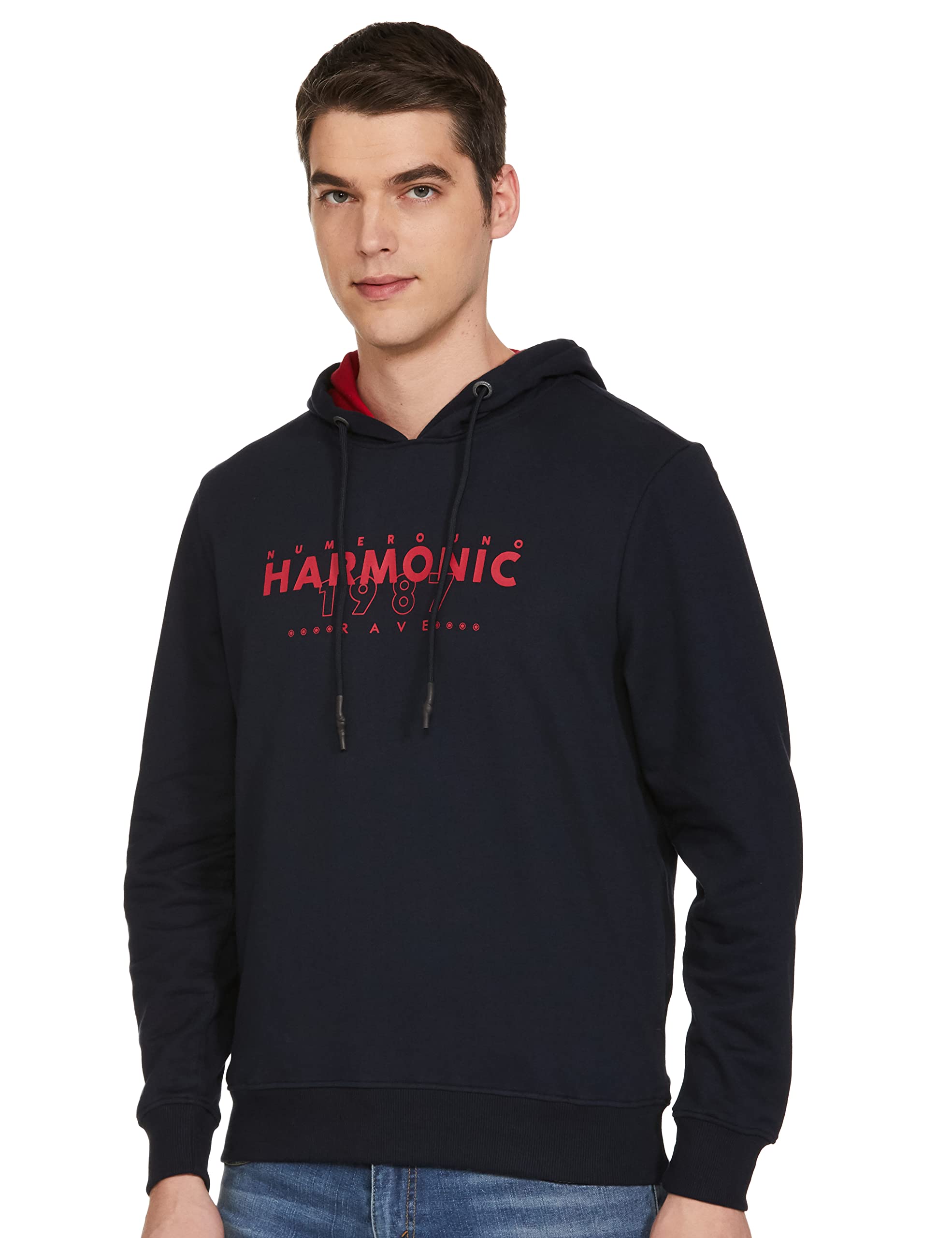 numero uno Men's Fleece Neck Hooded Regular Sweatshirt (KMSSFD64_Dark RED/Navy_XL)-picture-18