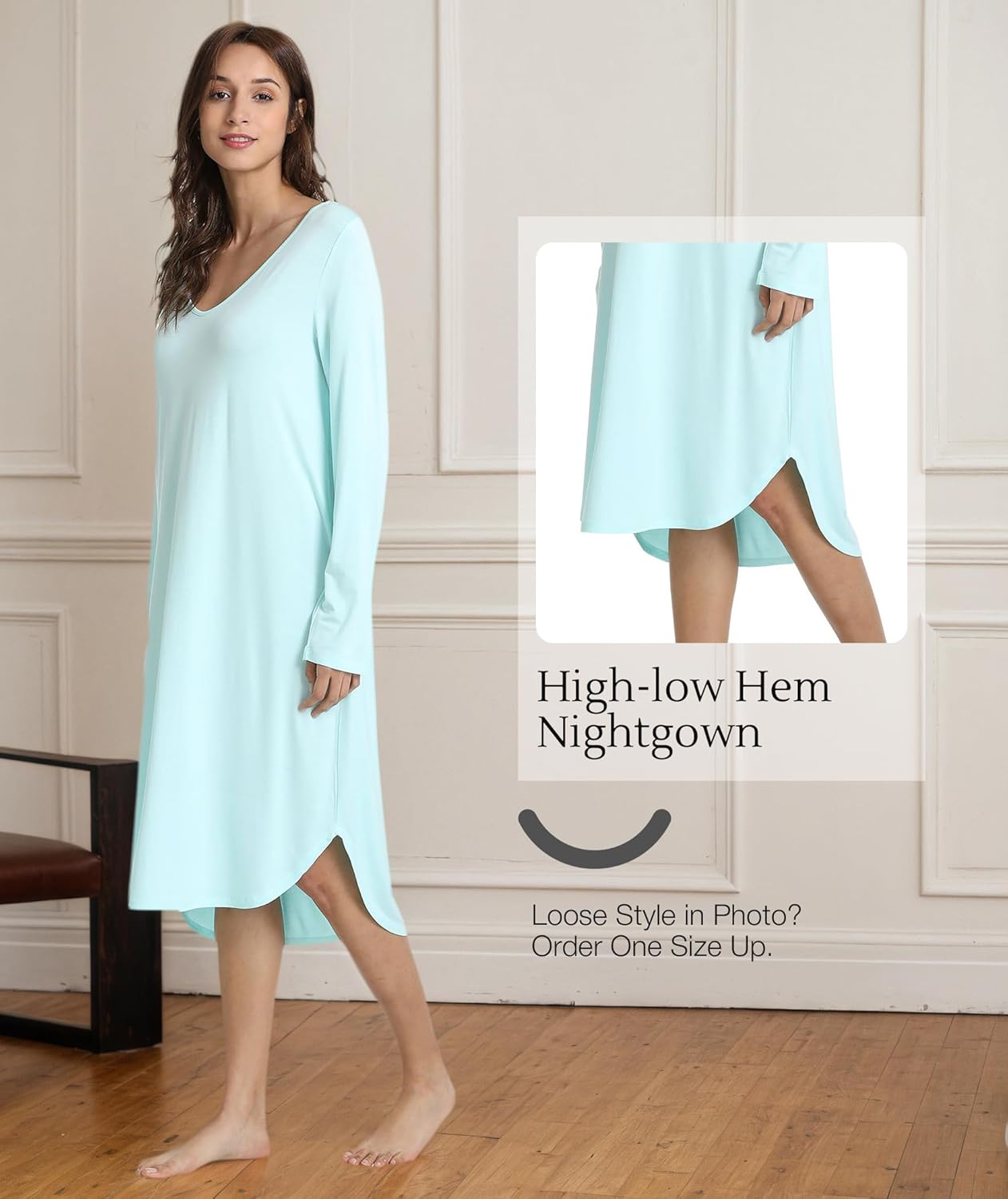 GYS Bamboo Viscose Nightgowns for Women, Soft Long Sleeve V Neck Night Shirts Sleepwear, Below the Knee Long Nightgown Pajama - Image 4