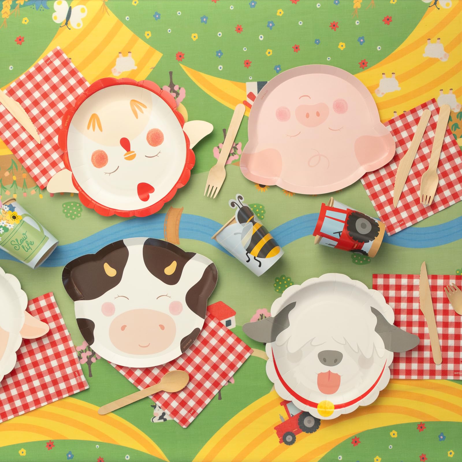 OH YEAH - Vajilla Fiesta de Cumpleaños Granja - Cumpleaños Infantil 12 Personas - 103 piezas - Decoración Vajilla Cumpleaños Infantil Temático - Kit Mesa Granja - Platos y Vasos para Cumpleaños