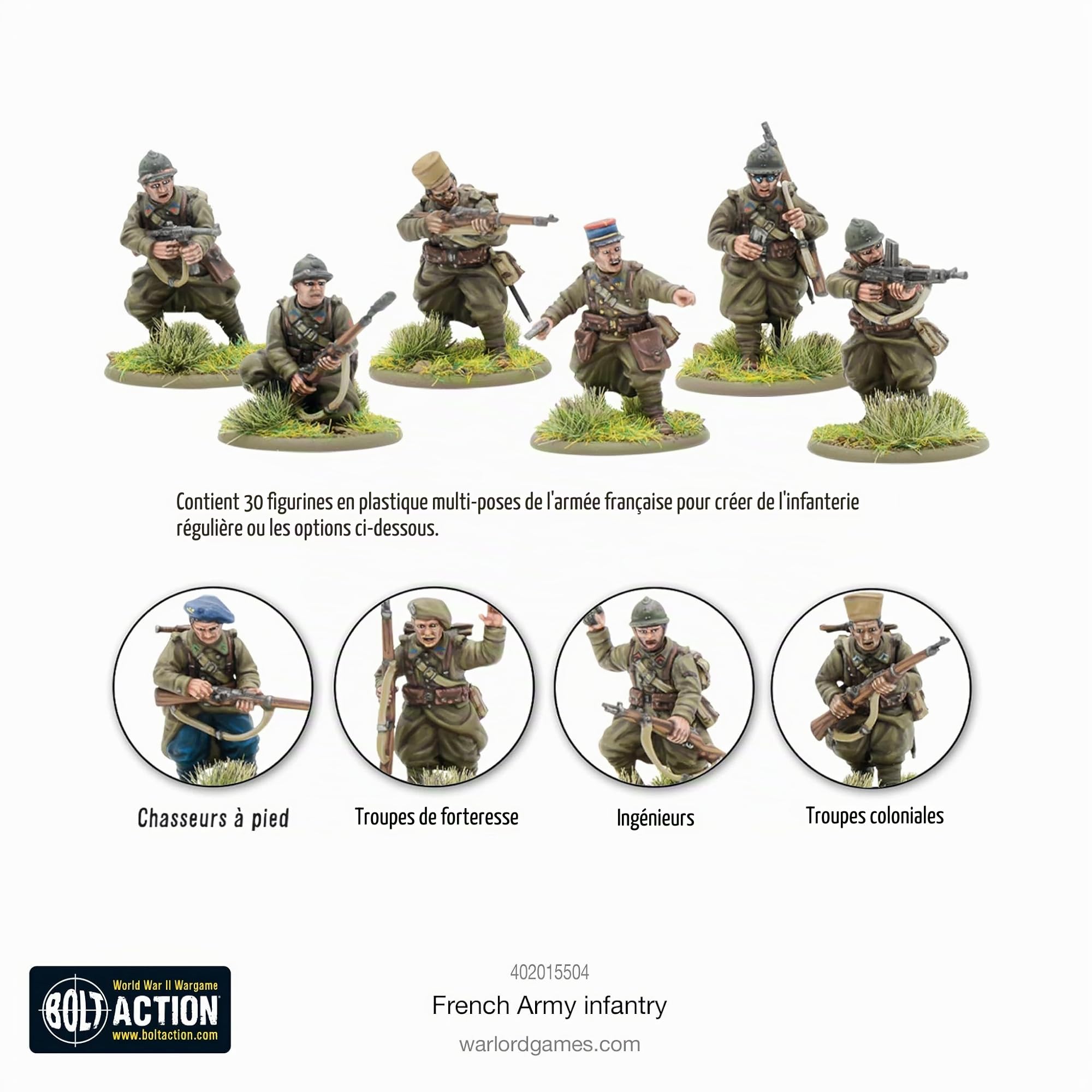 Warlord Games Infanterie de l'armée française – Miniatures en plastique à l'échelle de 28 mm pour l'action de boulon très détaillées de la Seconde Guerre mondiale pour jeu de guerre de table