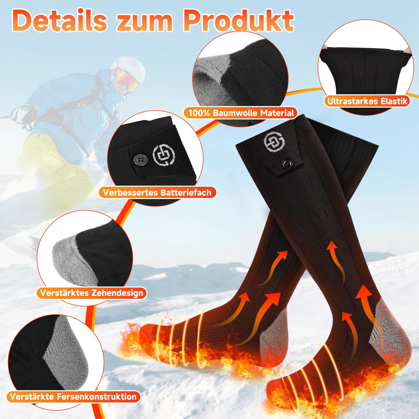 Beheizbare Socken mit APP-Steuerung 5V 8000mAh Fußwärmer Warme Socken Damen Herren Waschbare 4 Temperatur Wiederaufladbare Heizsocken für Winter Skifahren, Radfahren, Angeln, Camping, Wandern