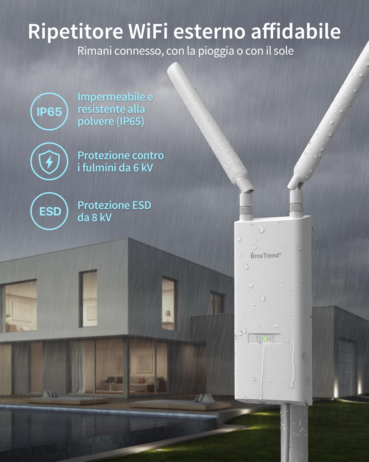 BrosTrend AC1200 Ripetitore WiFi Esterno Potente Lunga Portata, Dual Band 5GHz 867Mbps + 2.4GHz 300Mbps, Antenna WiFi Extender Esterno Supporta 802.3af PoE, IP65 Outdoor, con Adattatore PoE Passivo
