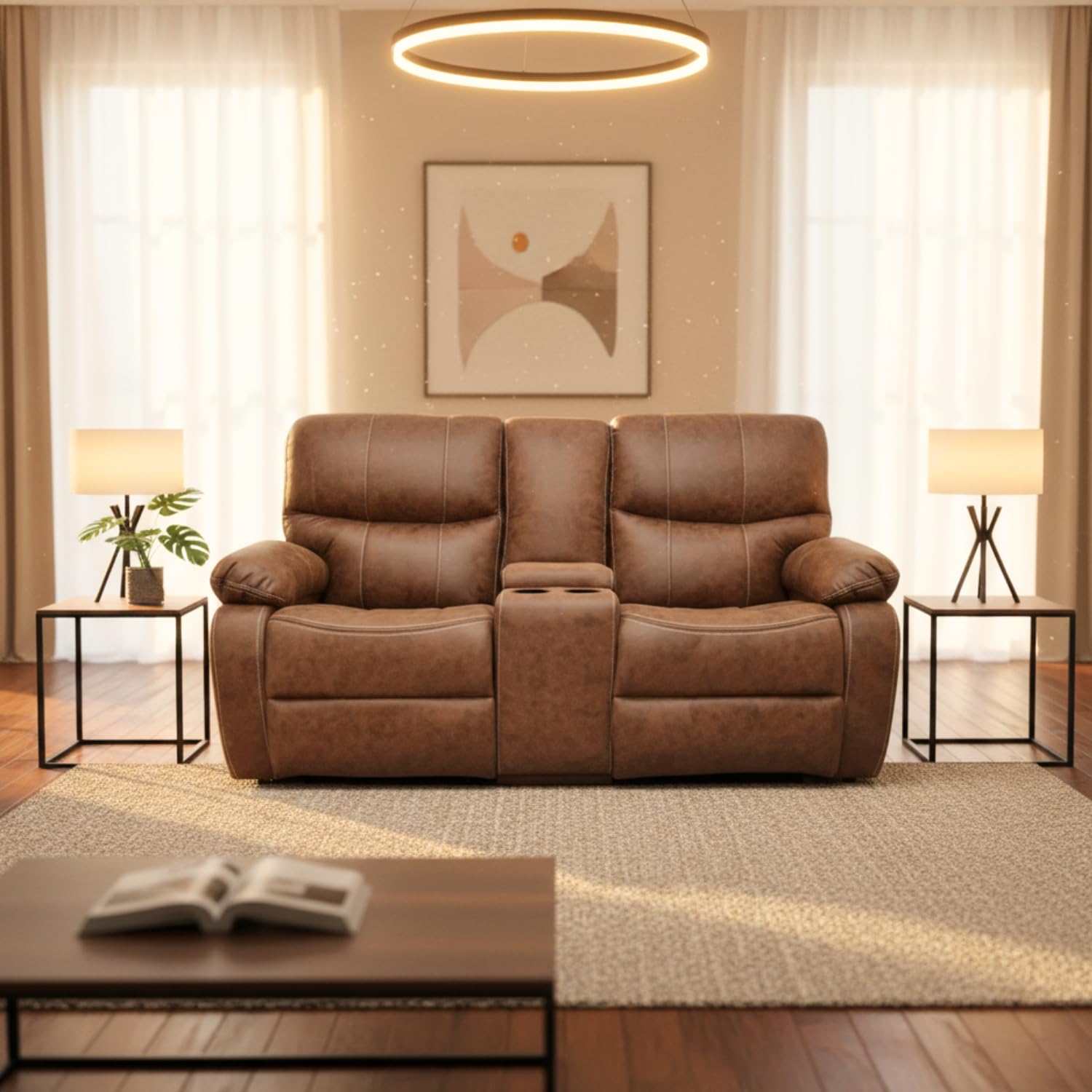 Two Seater Recliner Sofa | Tan Suede Fabric Upholstered Recliner | 2 Person Manual Reclining Sofa | Comfortable Living Room Home Theatre Seating