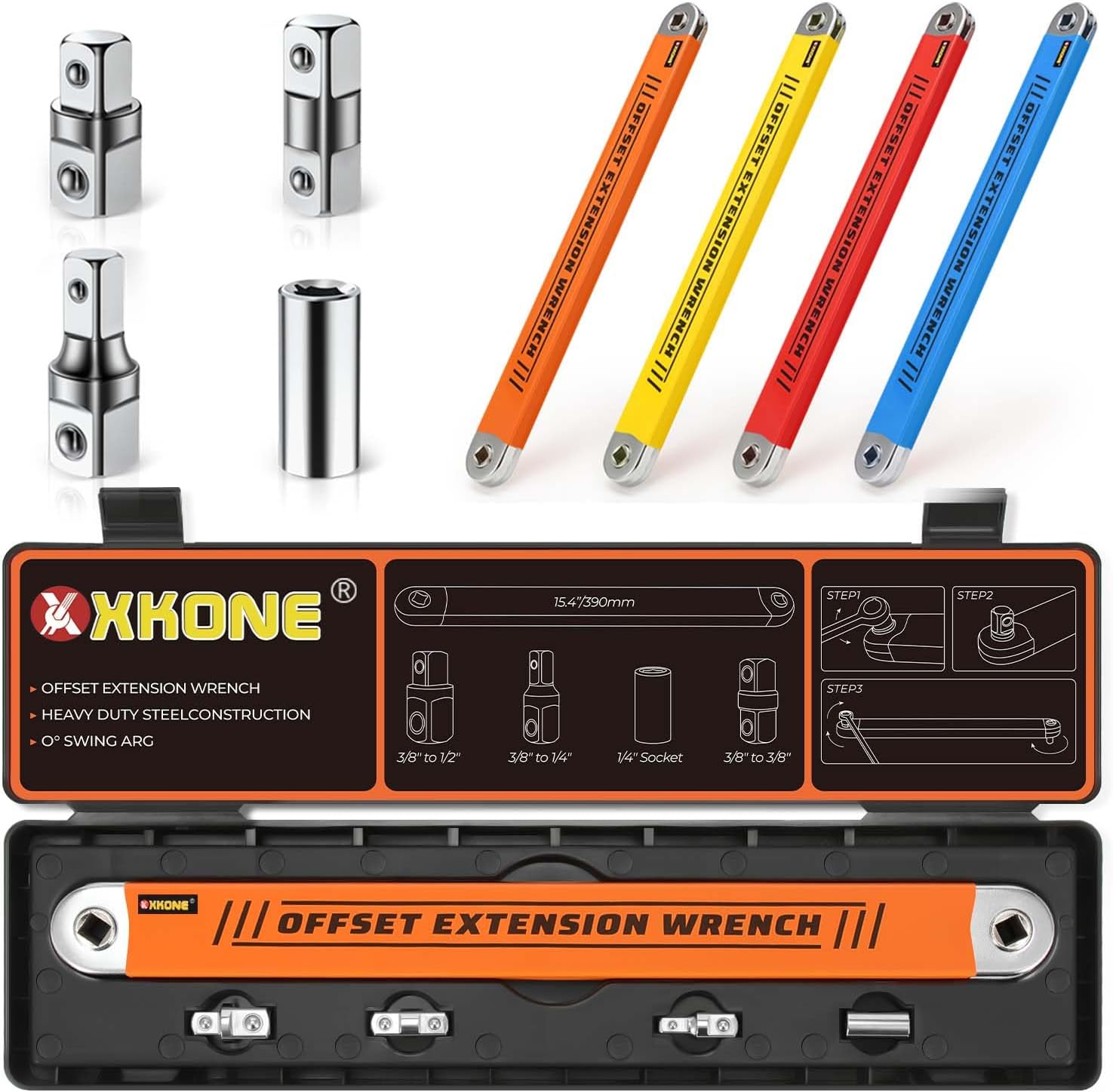 Offset Extension Wrench Set(4 Colors),15.4" Offset Extension Wrench with 1/4",3/8",1/2" Square Drive Adapters and 1/4" Socket.