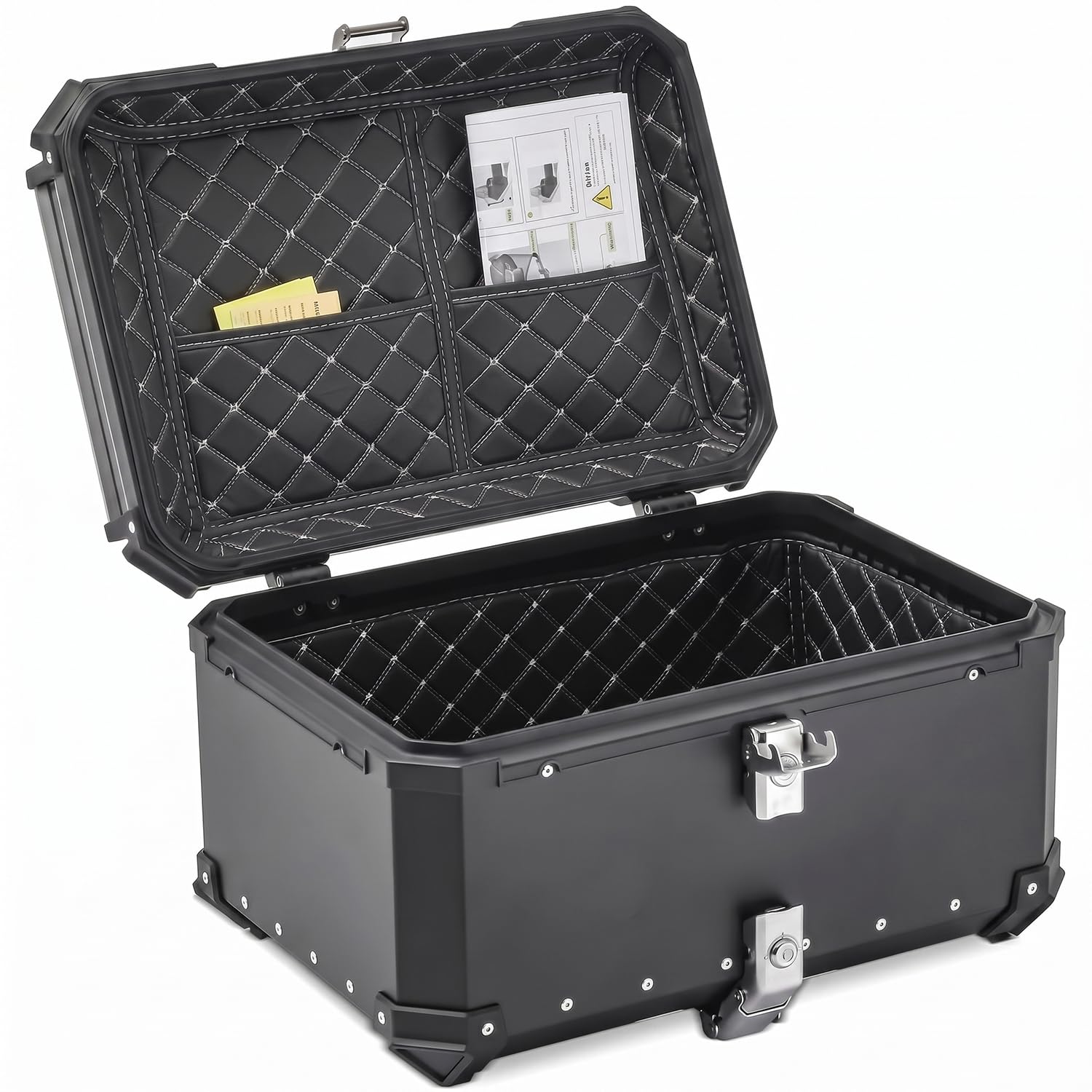 Top Case Moto 65L de Aleación de Aluminio - Baúl trasero universal impermeable para moto y scooter - Maleta de almacenamiento de gran capacidad (2 cascos) Forro interior Premium Cerradura de