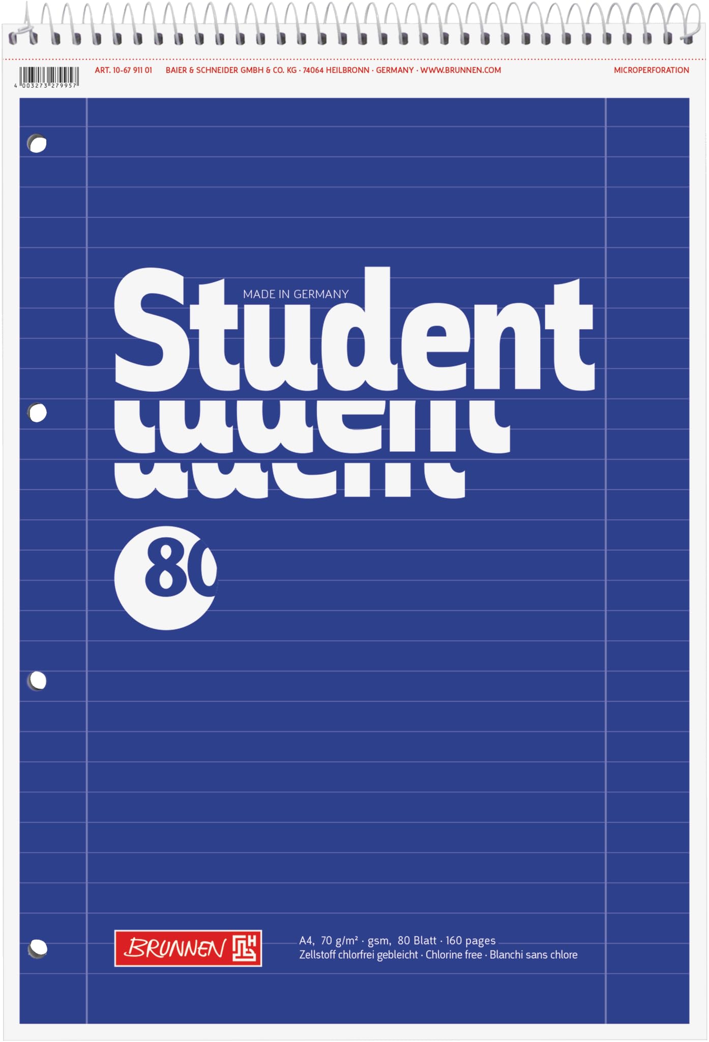 Brunnen 106791101 Student Left-Handed Notepad A4 Ruled 27 70 gsm 80 Sheets with Spiral Head
