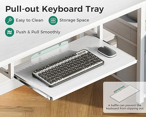 Miniatura 4 de AODK Escritorio de computadora con cajones y bandeja para teclado, escritorio de oficina de 63" con toma de corriente y luces LED, escritorio de