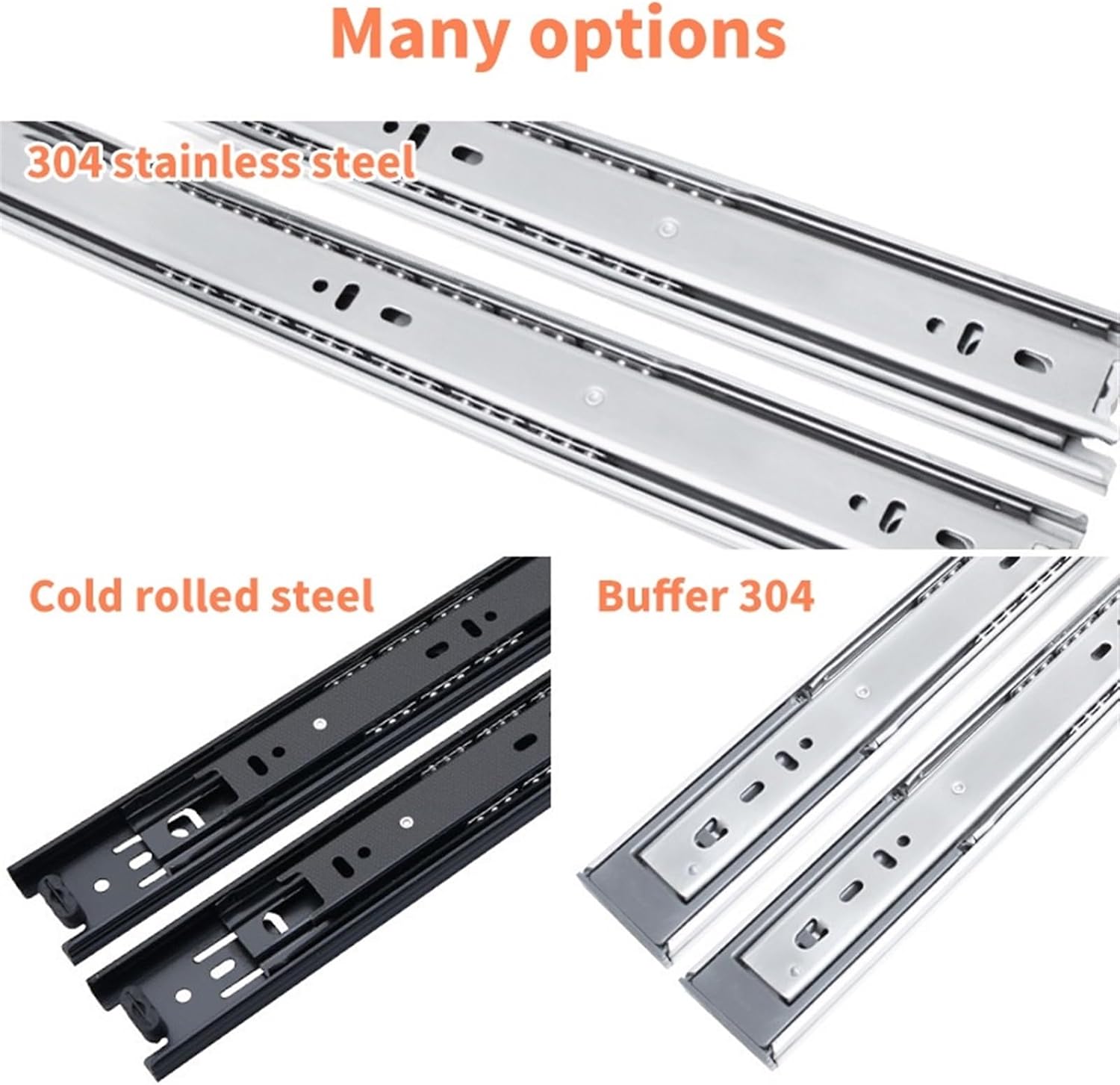 Hardware Full Extension Side Mount Drawer Slides 304 Stainless Steel Drawer Slide Three-Section Thickened Buffer Static Damping Guide((buffer1.0MM) 500mm)
