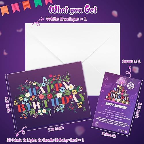 Miniatura 7 de Tarjetas de cumpleaños, tarjetas de cumpleaños musicales desplegables con luz, vela de luz LED soplada y reproduce música de feliz cumpleaños,