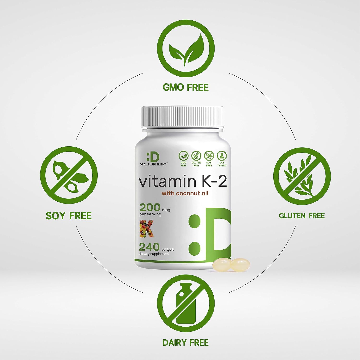 Vitamin K2 (MK-7) 200mcg, 240 Virgin Coconut Oil Softgels | Premium Menaquinone-7 Form, Easily Absorbed Vitamin K Supplement – Bone, Joint, & Immune Support – Non-GMO