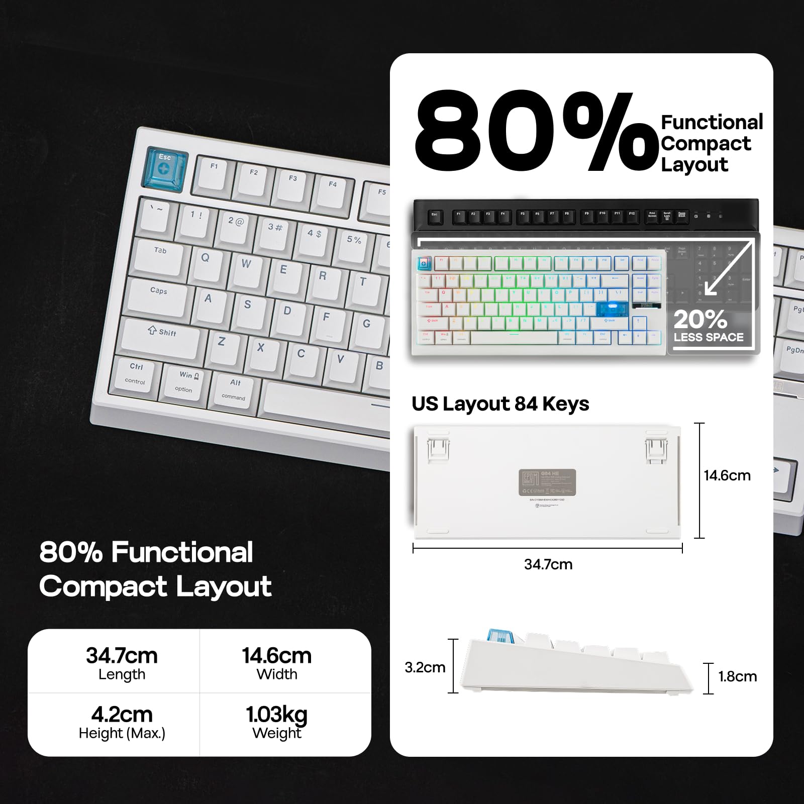 EPOMAKER Bezprzewodowa klawiatura do gier G84 HE, 8K ankieta i 8000 mAh, SOCD i DKS, magnetyczna klawiatura Halla z szybkim wyzwalaniem i regulacją aktywacji, RGB Keycap PBT, hot swap, QWERTY, Win/Mac