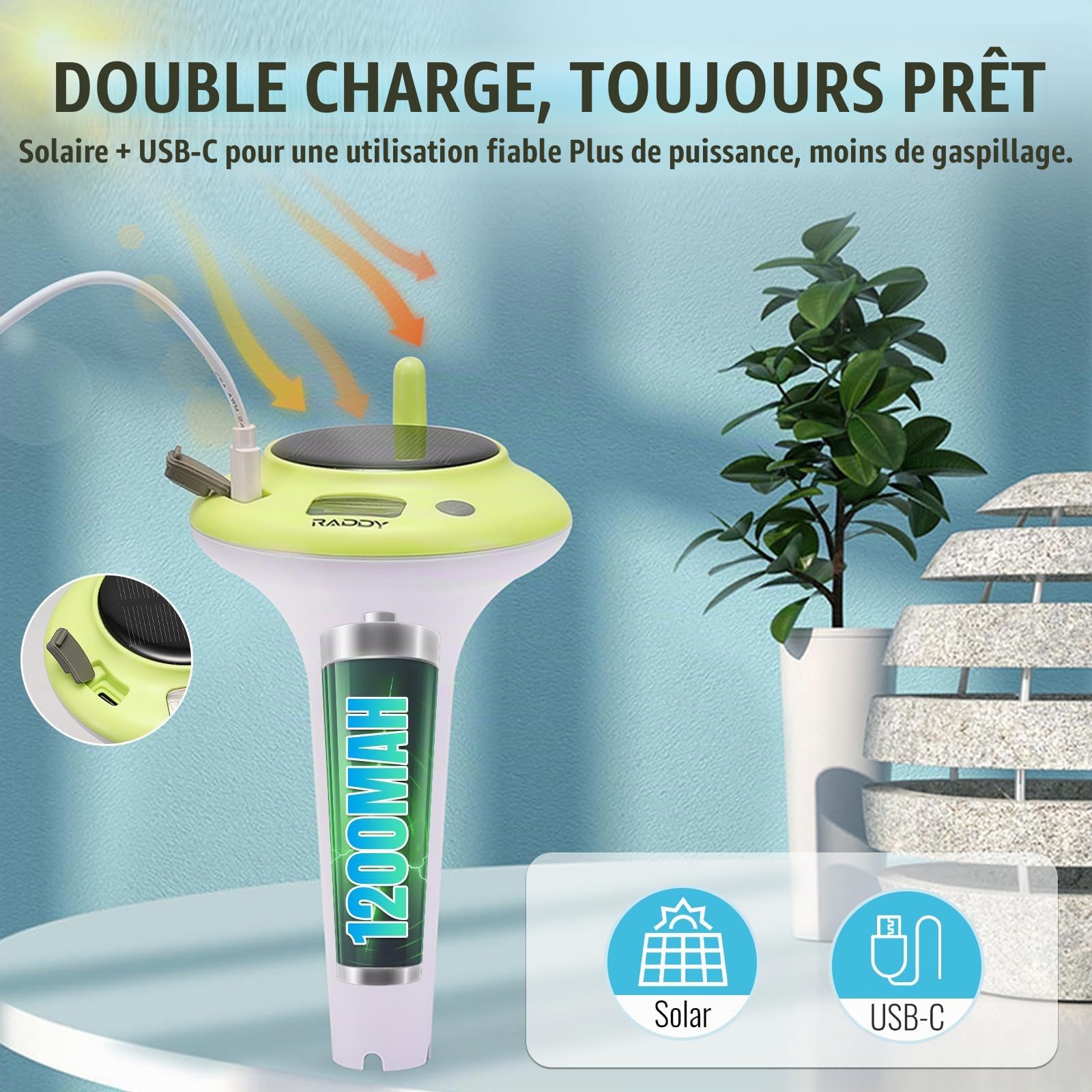 Raddy PT-5 WiFi avec App Thermomètre de Piscine, Capteur Flottant Sans Fil & Écran Intérieur, Thermomètre Numérique IPX8, Rechargeable Solaire & USB-C pour Spa, Jacuzzi, Piscine, Aquarium