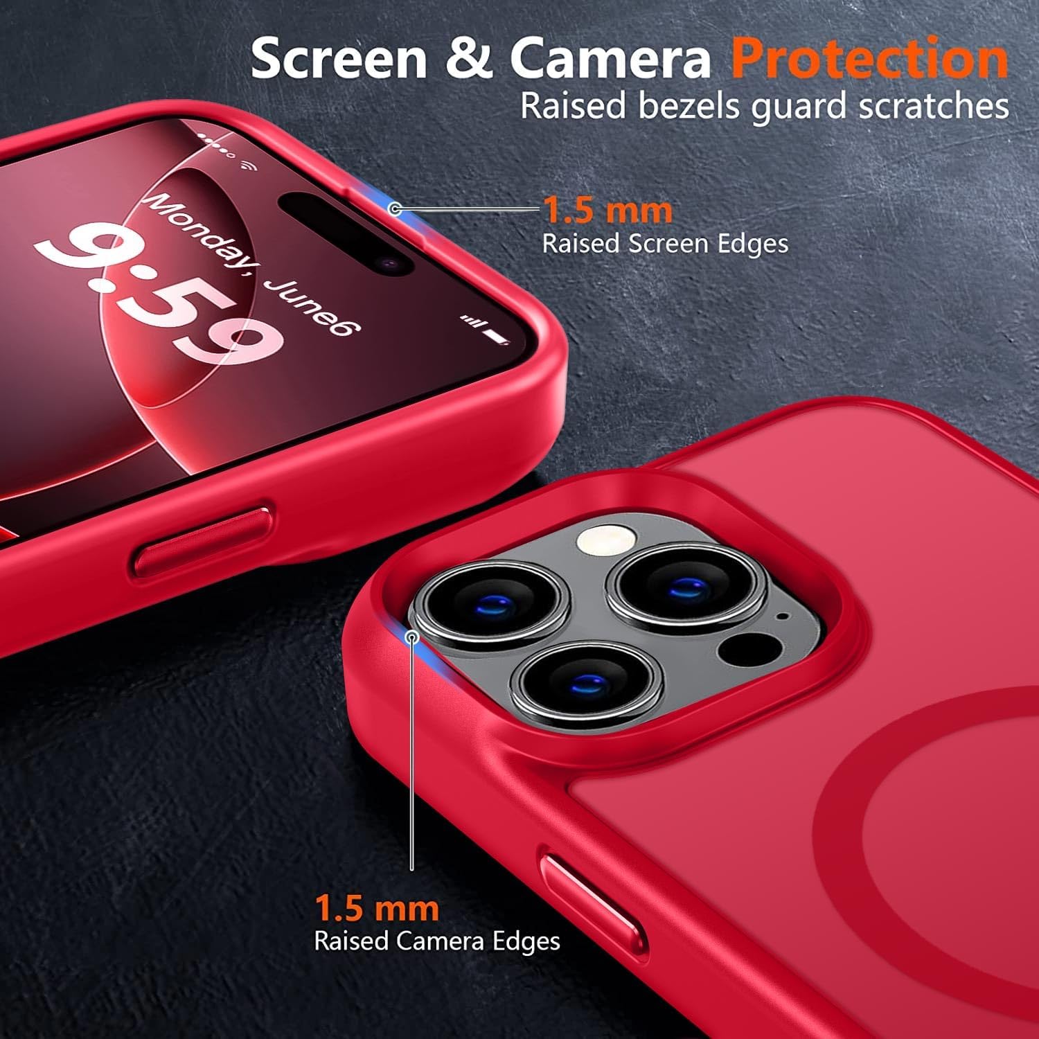 Diagram showing raised screen and camera edges for protection