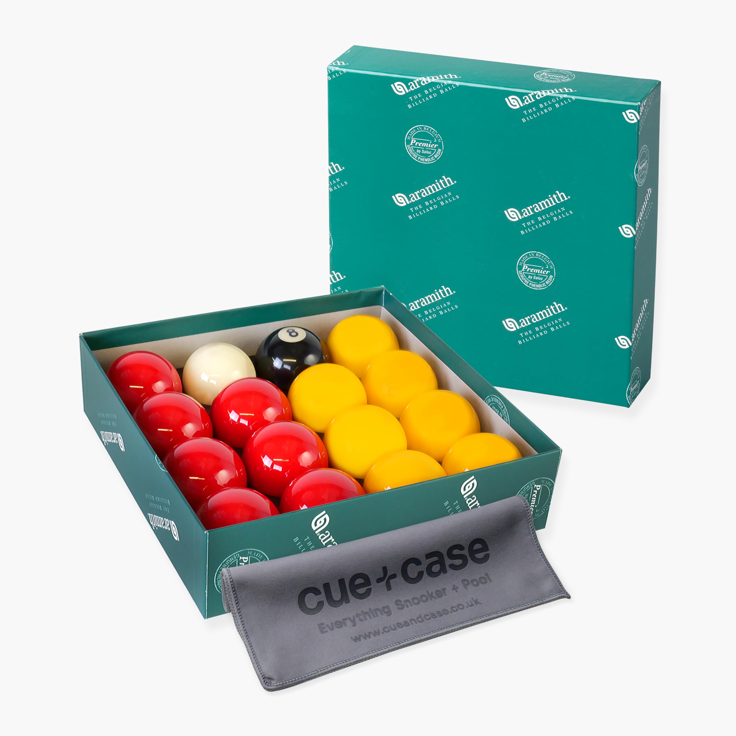 BAIZE MASTER Aramith Premier Red and Yellow 2” (50.8mm) English Pool Ball Set with 1 7/8” (47.6mm) Cue Ball – Free Cue + Case Microfibre Cleaning Towel – Ideal for Pubs, Clubs, Leagues and Home Use